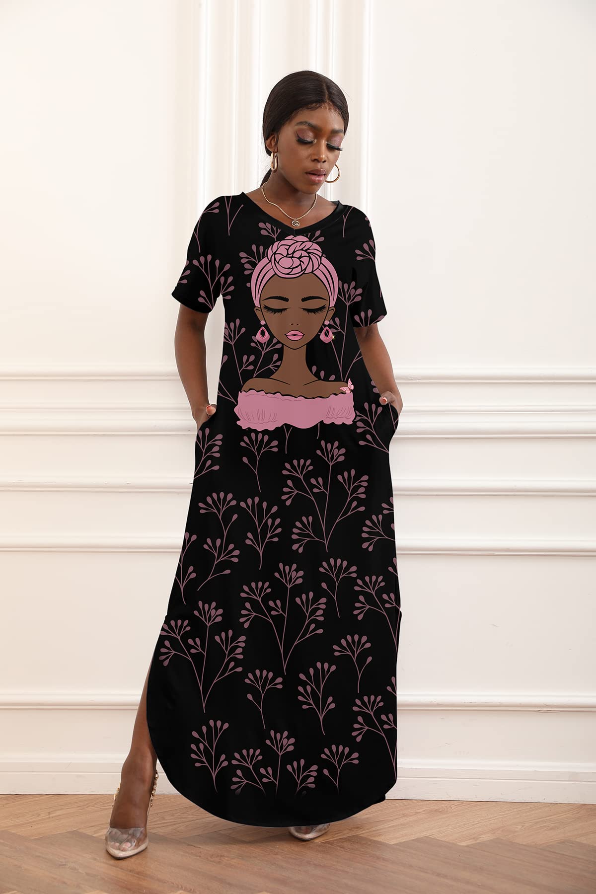 FZNHQL Black Women's Short Sleeve V-Neck Maxi Dress - African Melanin Girl Print Floral Long Casual Dress for Summer, Beach, Party & Everyday Wear