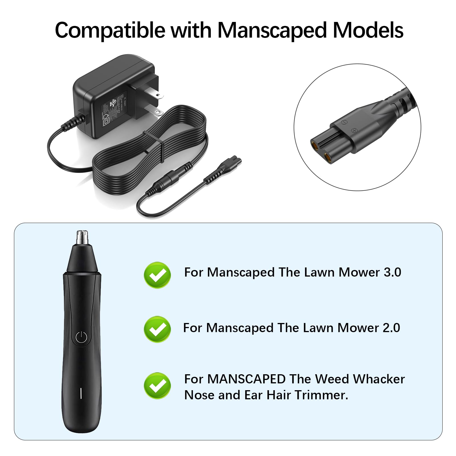 UL Certified 5V Replacement Power Adapter for MANSCAPED Lawn Mower 3.0/2.0 & Weed Whacker Nose/Ear Trimmer - Perfect for Home Grooming & Travel Use