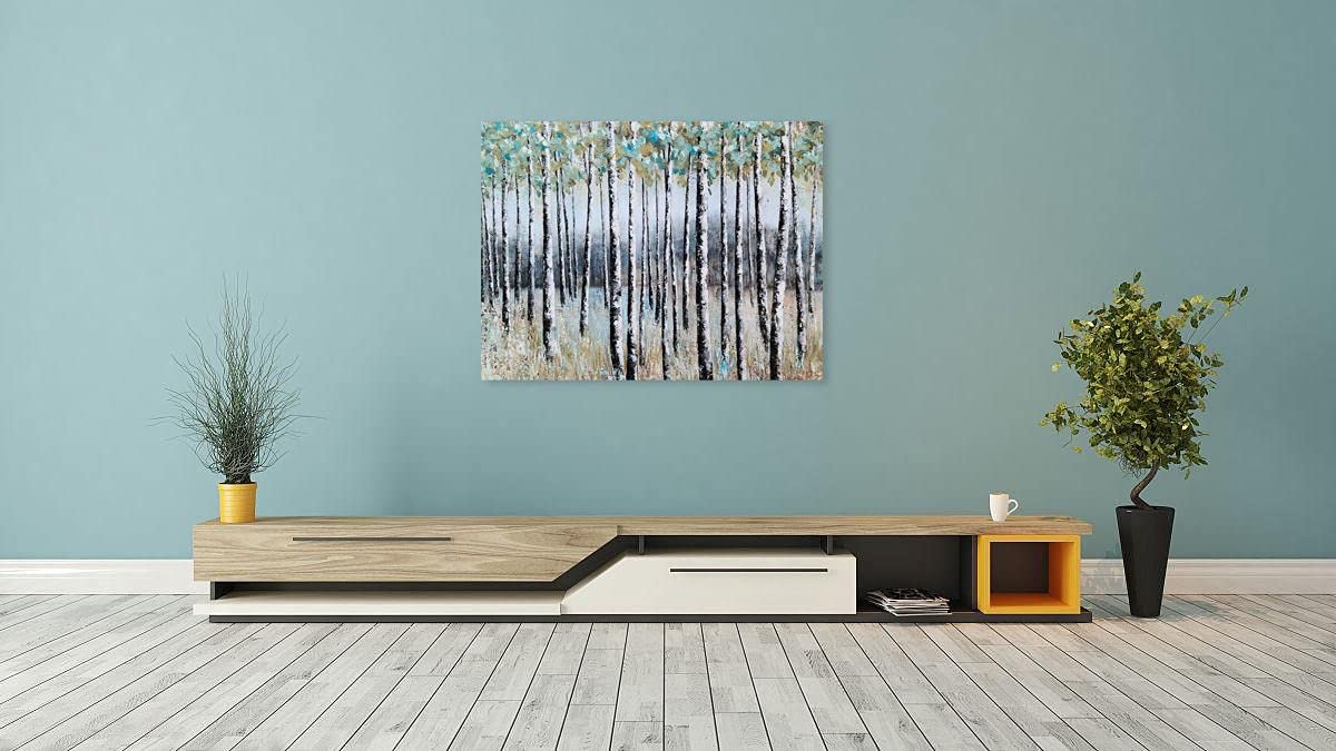 SYGALLERIER Modern Abstract Birch Tree Forest Painting - Textured Canvas Wall Art for Living Room, Bedroom & Bathroom Decor | Contemporary Landscape Artwork for Home & Office