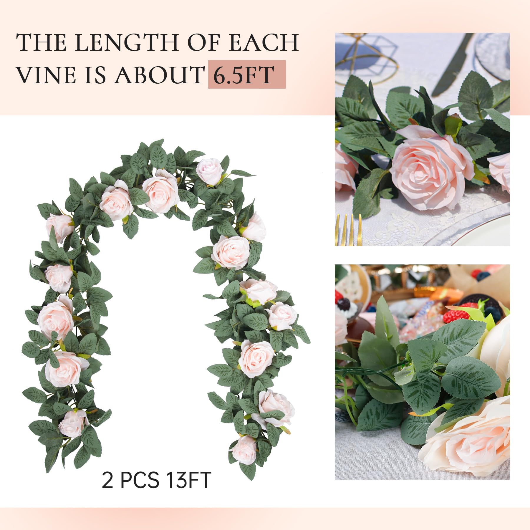2 Pack 13Ft Artificial Eucalyptus Garland with Silk Roses - Pink Floral Vine with Leaves for Wedding Arch, Table Decor, Wall Backdrop, Party Room Decoration | Perfect for Bridal Showers, Baby Showers & Home Decor