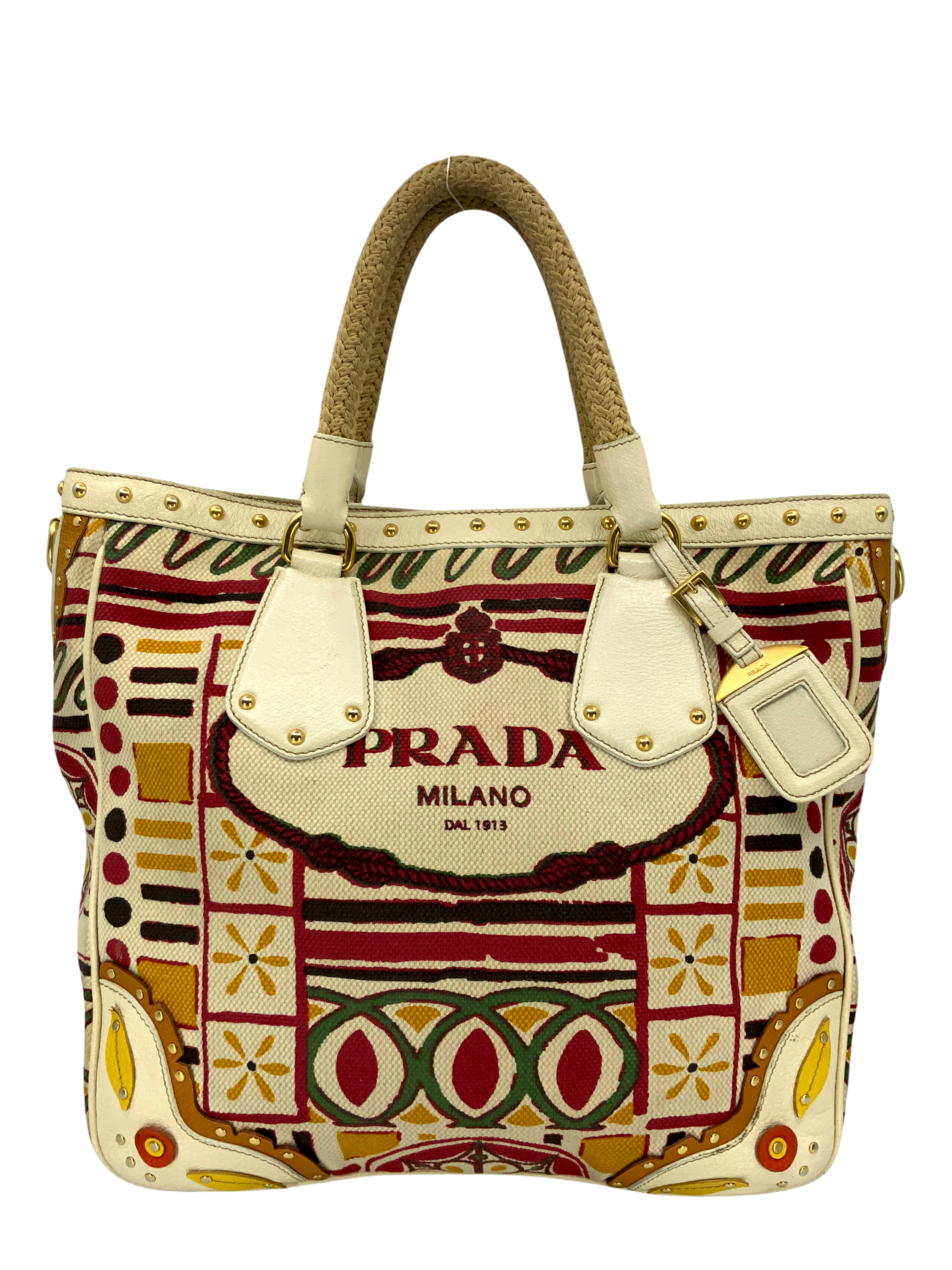 PRADA Canapa Stampada Logo Large Tote Bag for Women - Luxury Designer Handbag for Work, Travel & Shopping - Stylish Canvas Shoulder Bag with Signature Logo Print