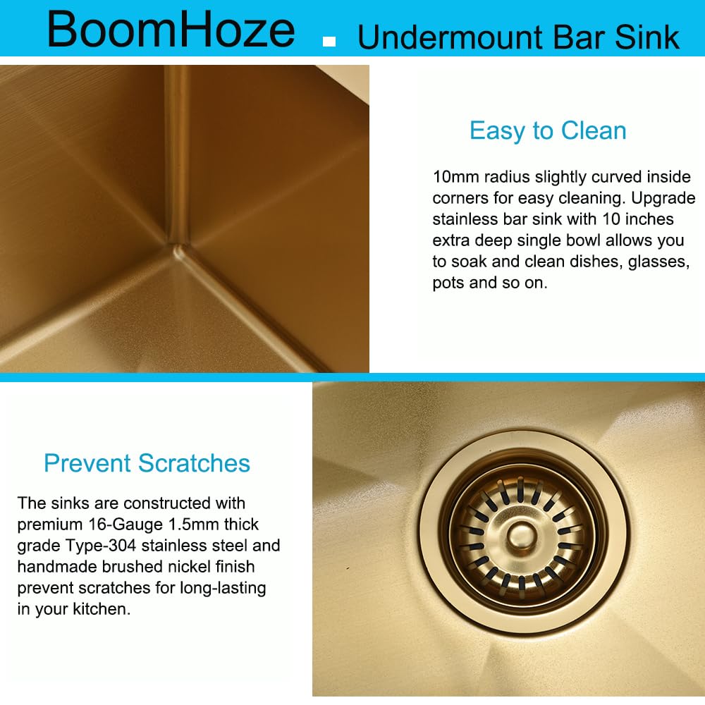 Premium 15 x 17 Inch Undermount Bar Sink - BoomHoze 16 Gauge SUS304 Stainless Steel Single Bowl Kitchen Sink for RV, Outdoor Wet Bar & Small Space Applications - Perfect for Compact Kitchens, Camper Vans, and Backyard Entertaining Areas