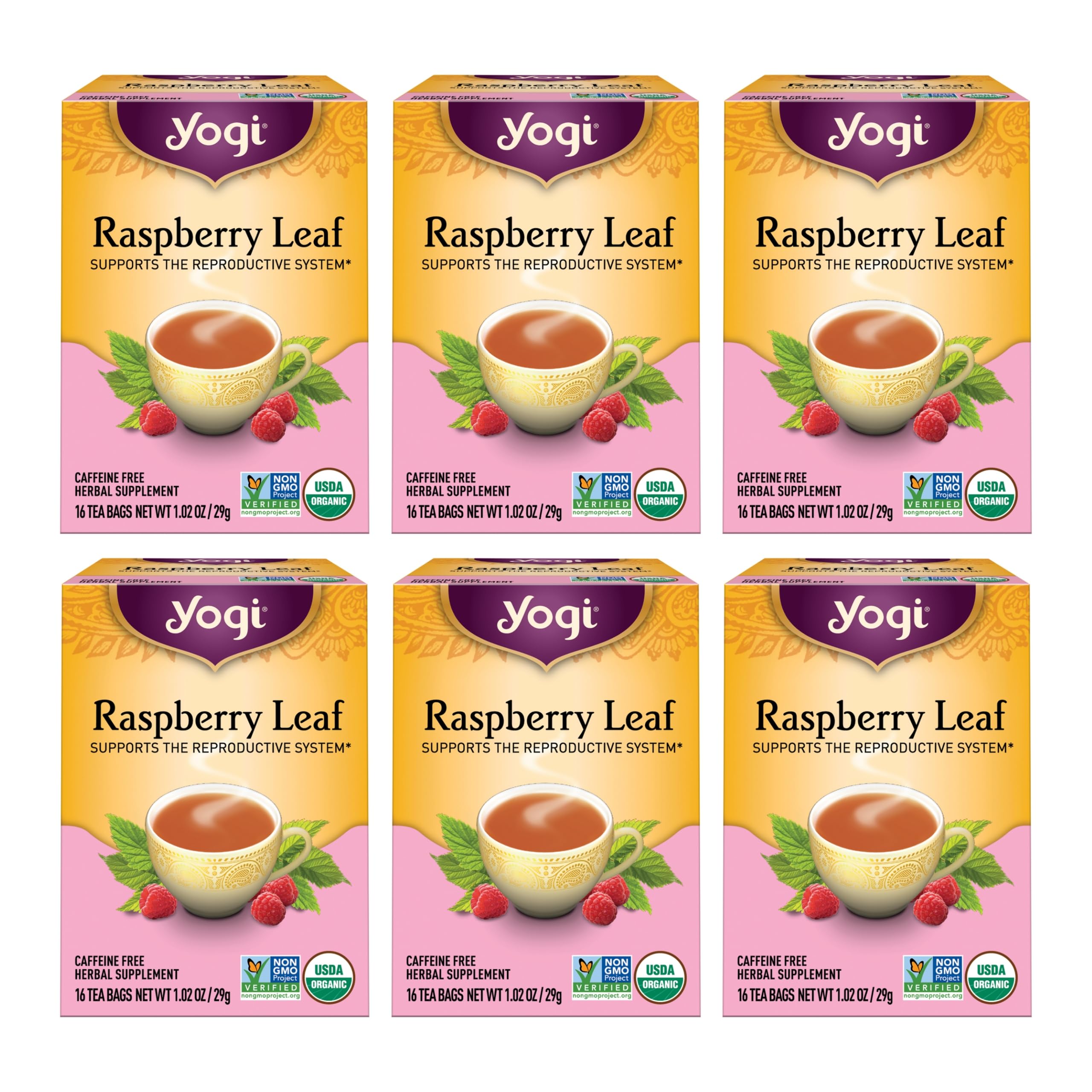 Organic Yogi Raspberry Leaf Tea for Women's Reproductive Health - Caffeine-Free Herbal Tea Bags - 6 Pack (16 Tea Bags Each) - Perfect for Pregnancy Support & Hormonal Balance