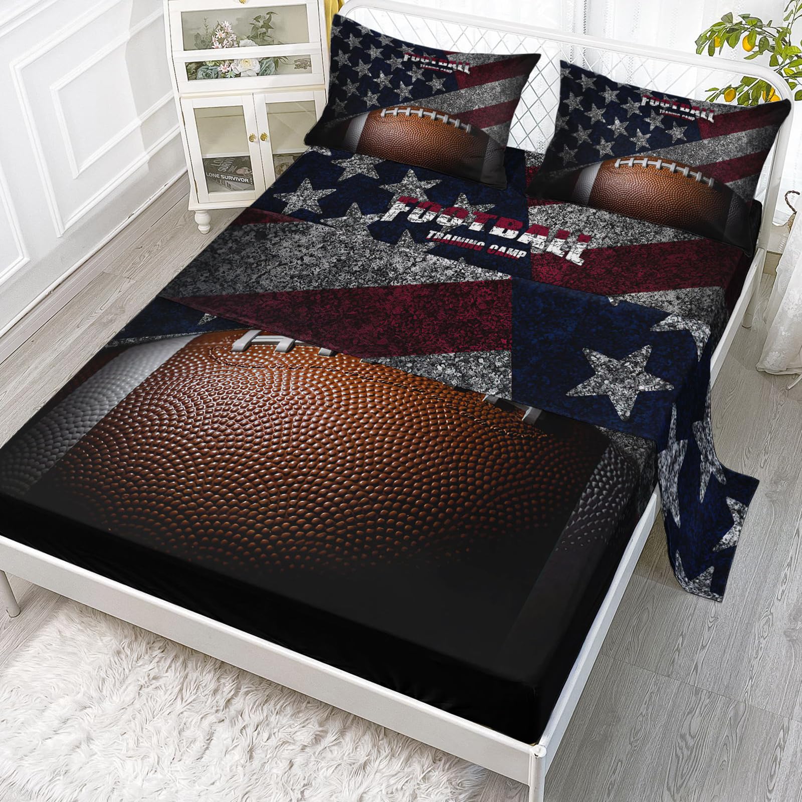 American Flag Football Fitted Sheet Queen Size - Axolotl Sports Bedding Set for Kids & Teens (1 Flat Sheet, 1 Fitted Sheet, 2 Pillowcases) - Perfect for Football, Rugby Fans' Bedrooms & Dorm Rooms