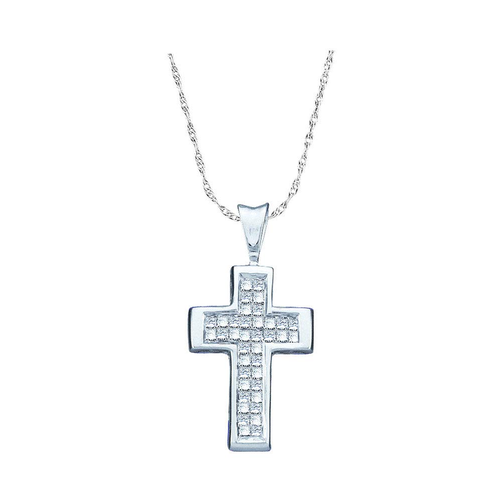 14K White Gold Women's Princess Cut Diamond Cross Pendant Necklace - 1/4 CTTW Religious Jewelry Gift for Baptism, Confirmation & Everyday Wear