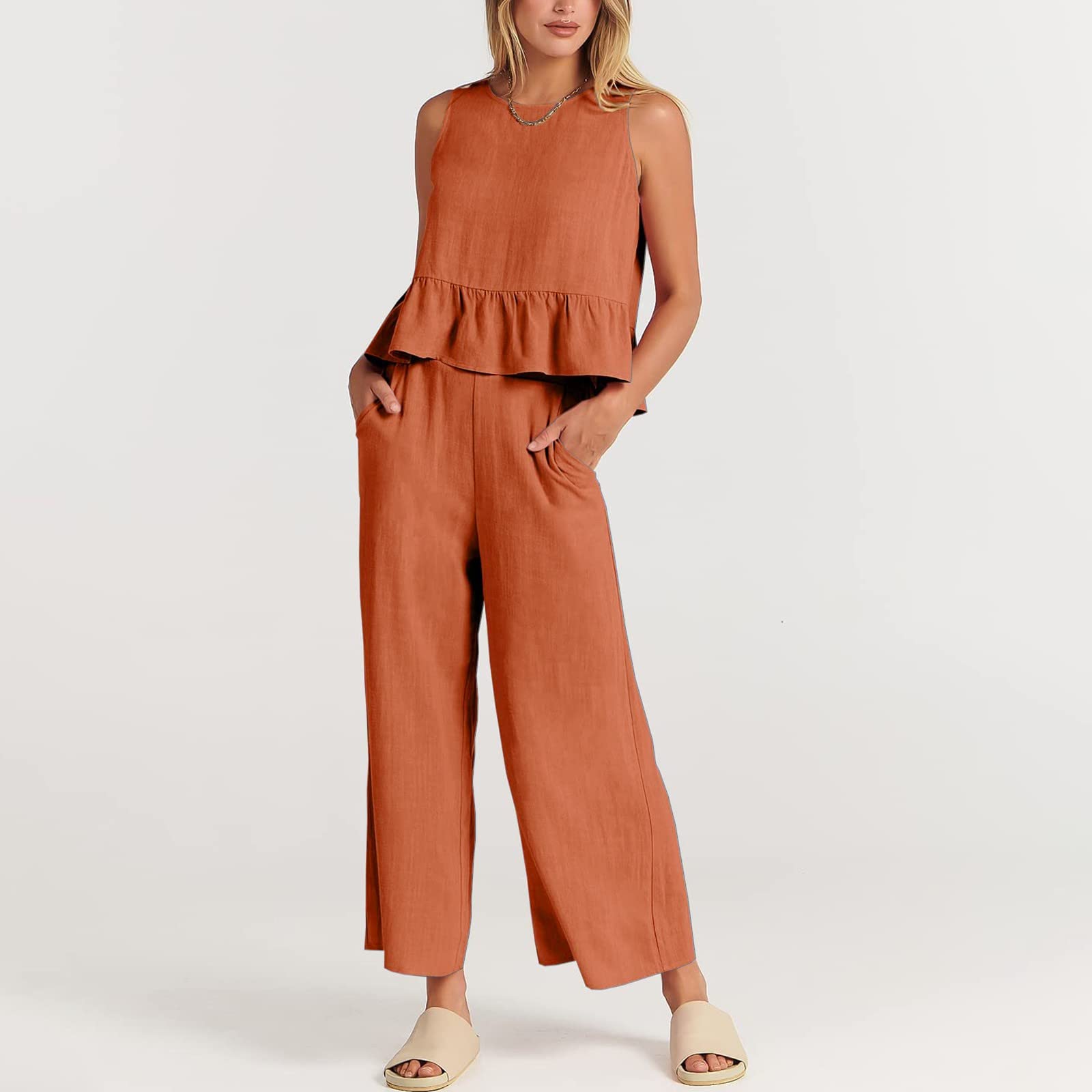 Women's 2-Piece Outfit Summer Cotton Linen Sleeveless Blouse & Shorts Set - Floral Print Casual Tracksuit Clubwear (Orange, XL) | Perfect for Beach Vacations, Music Festivals & Summer Outings