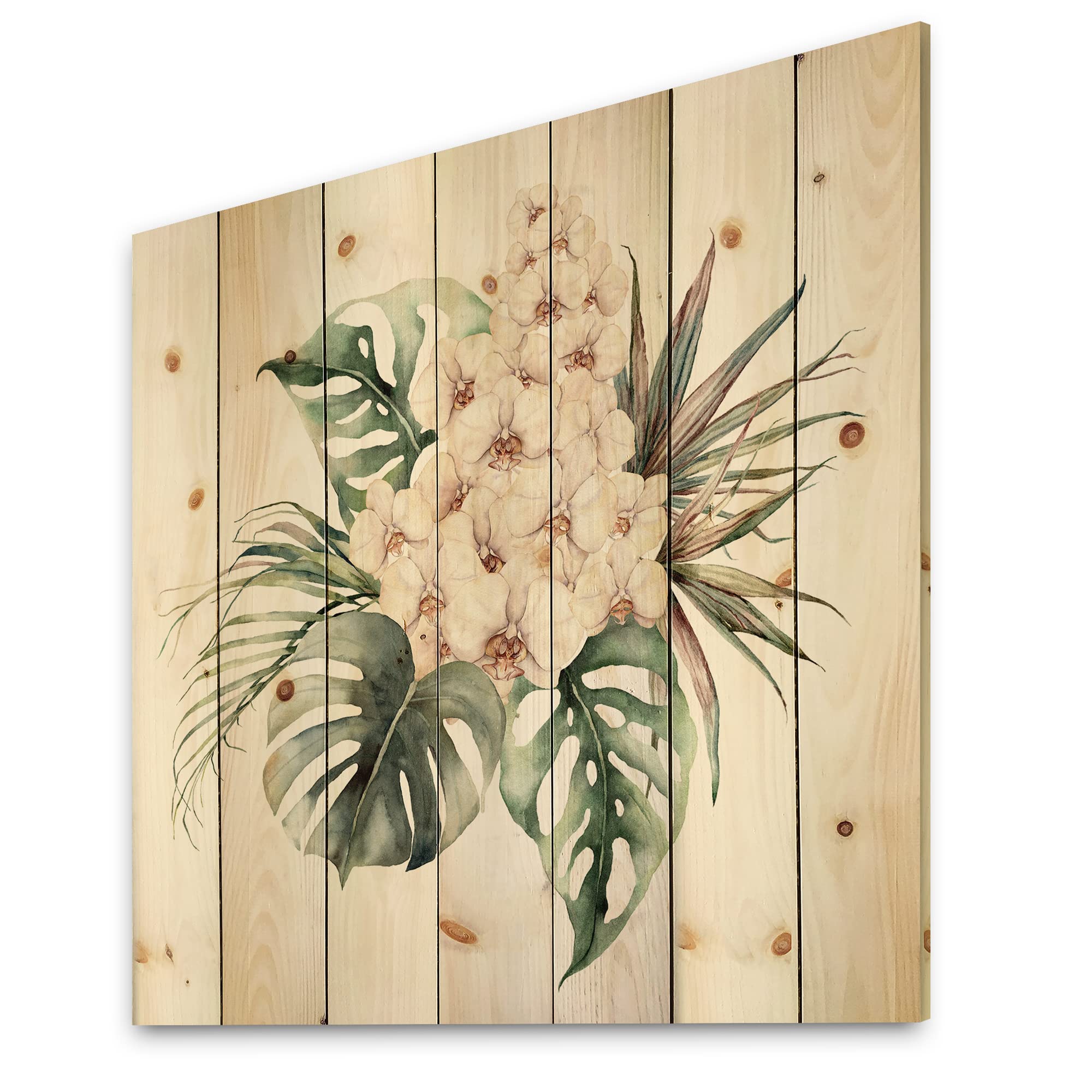 Orchid Monstera Coconut Leaves Wood Wall Decor - Large Floral Pine Wood Art Panel - Traditional Green Wood Wall Hanging for Living Room, Bedroom & Office Decor