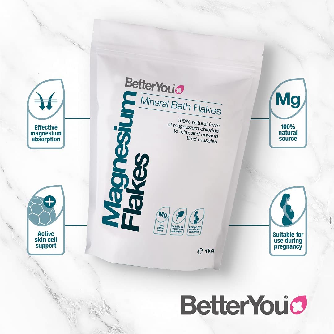 BetterYou Magnesium Flakes 1kg (2.2 lbs) - Premium Epsom Salt for Relaxation, Muscle Recovery & Detox Bath - Ideal for Stress Relief, Sleep Aid & Skin Health