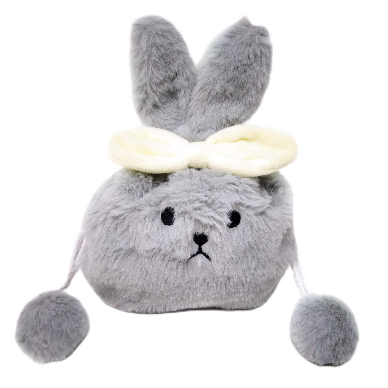 Honbay Cute Fluffy Rabbit Drawstring Pouch - Multi-Purpose Storage Bag for Cosmetics, Jewelry, Dice & Gifts - Soft Grey Rabbit Ear Design - Perfect for Travel, Parties & Everyday Use