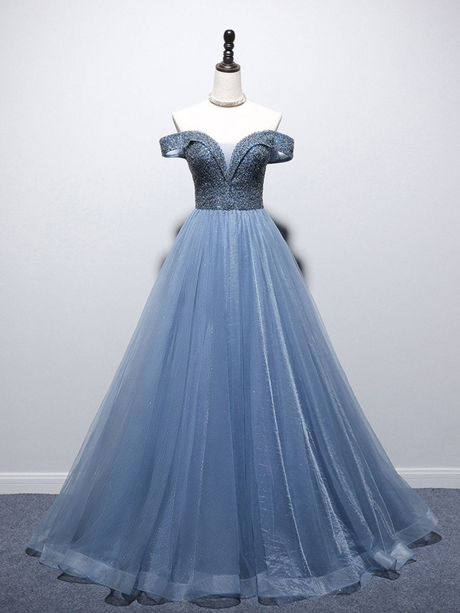 Elegant Blue Sweetheart Neckline Beaded Long Prom Dress with Tulle & Sequins - Perfect for Formal Dances, Evening Galas, and Special Occasions
