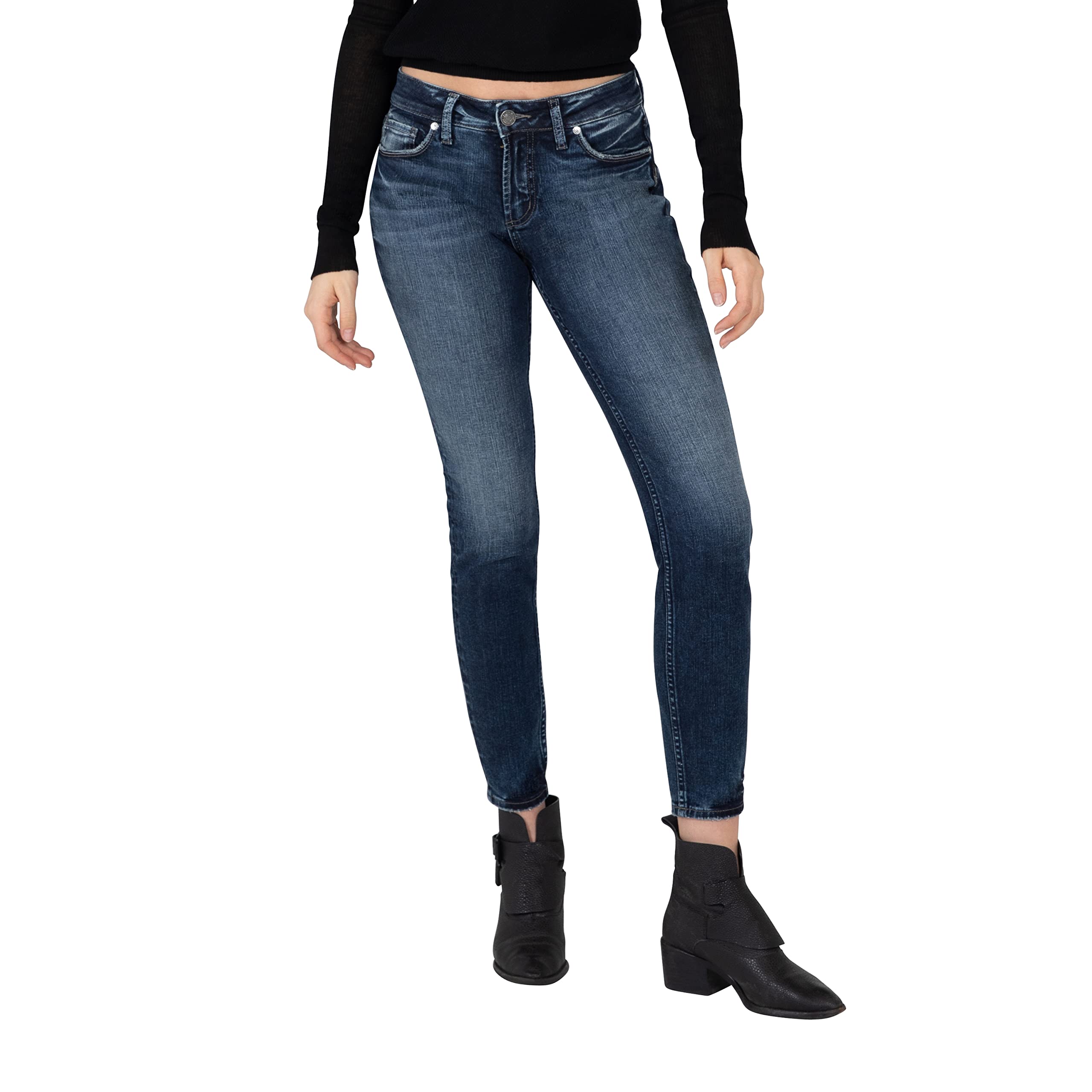Silver Jeans Co. Women's Elyse Mid Rise Skinny Jeans - Stretch Denim Pants for Casual Wear & Everyday Comfort | Perfect for Work, Date Night & Weekend Outfits
