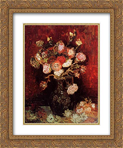 Vincent van Gogh Floral Vase Art Print - 20x24 Inch Gold Ornate Frame with Double Matting | Aster & Phlox Still Life Reproduction | Perfect for Living Room, Bedroom & Office Wall Decor