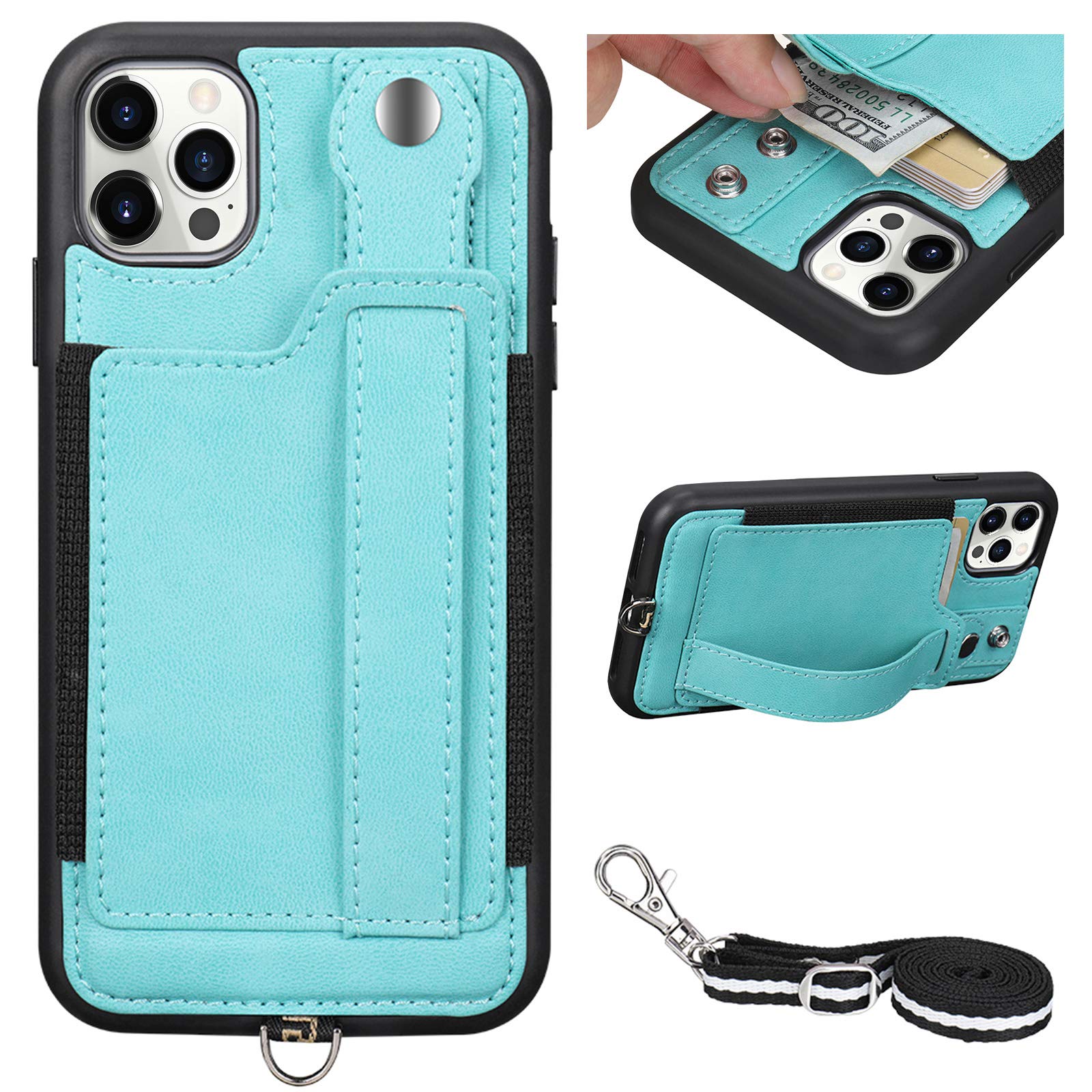 TOOVREN iPhone 12/12 Pro Case with Strap & Card Holder - Slim Protective Wallet Cover for iPhone 12/12 Pro 6.1