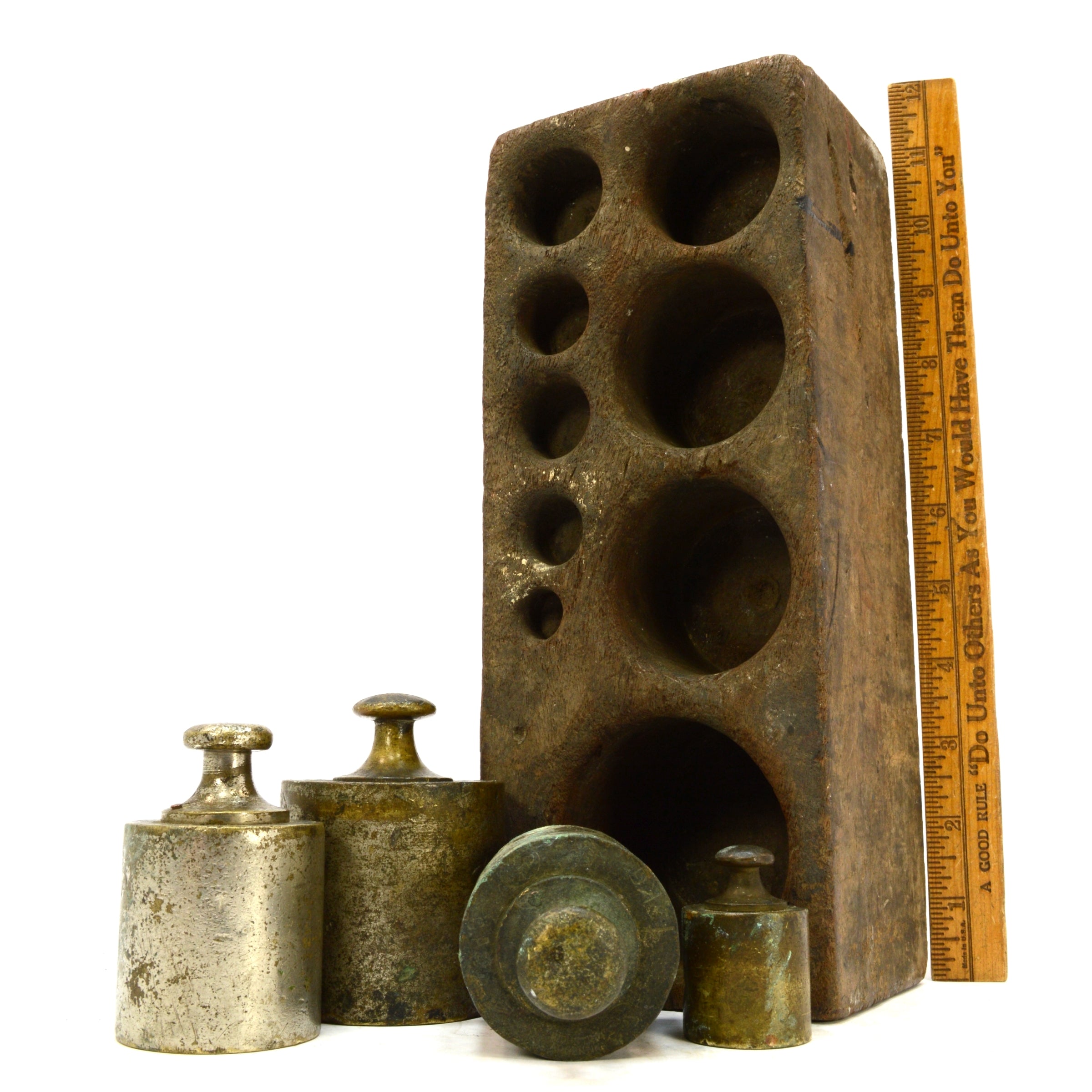Vintage Apothecary Weight Set (4 Pieces) - Solid Wood Display Stand - Industrial Argentina Style - Perfect for Pharmacy Decor, Antique Collecting & Vintage Home Display