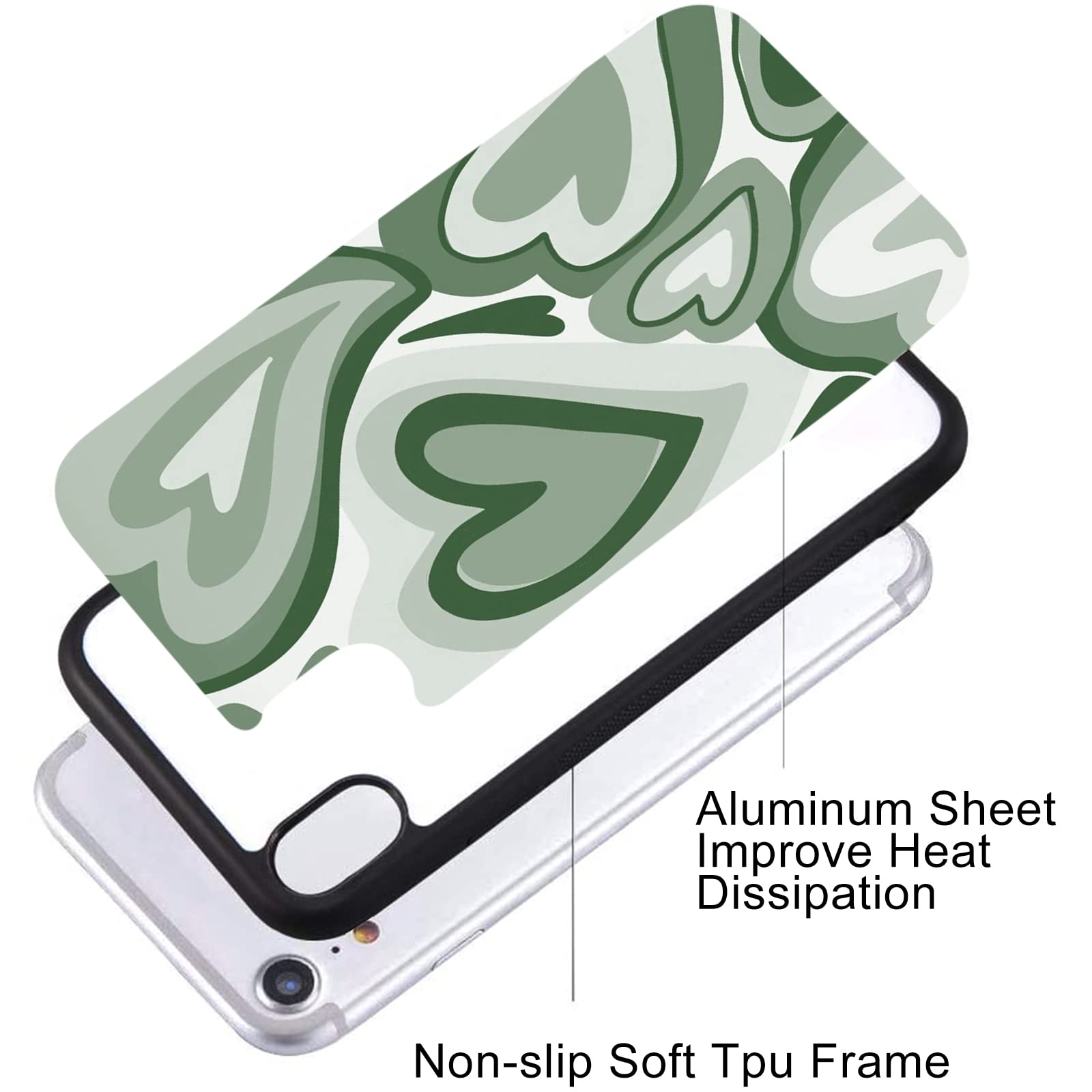 Cute Green Love Heart Print Soft TPU Hard Back Shockproof iPhone 13 Pro Max Case for Women - Anti-Scratch Protective Cover with Durable Design, Perfect for Everyday Use, Travel & Gift Giving
