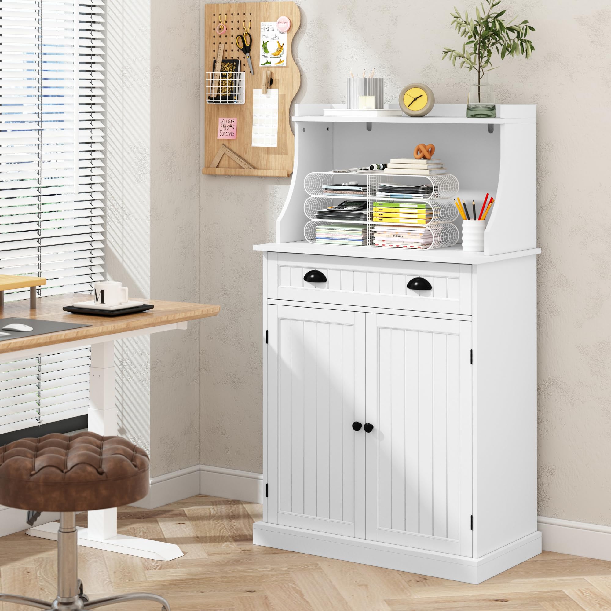 ARTPOWER 54 Inch White Kitchen Microwave Stand with Storage Drawers & Adjustable Shelves - Pantry Cabinet with Hutch for Kitchen, Dining Room, Living Room & Hallway - Perfect for Small Space Organization & Home Decor