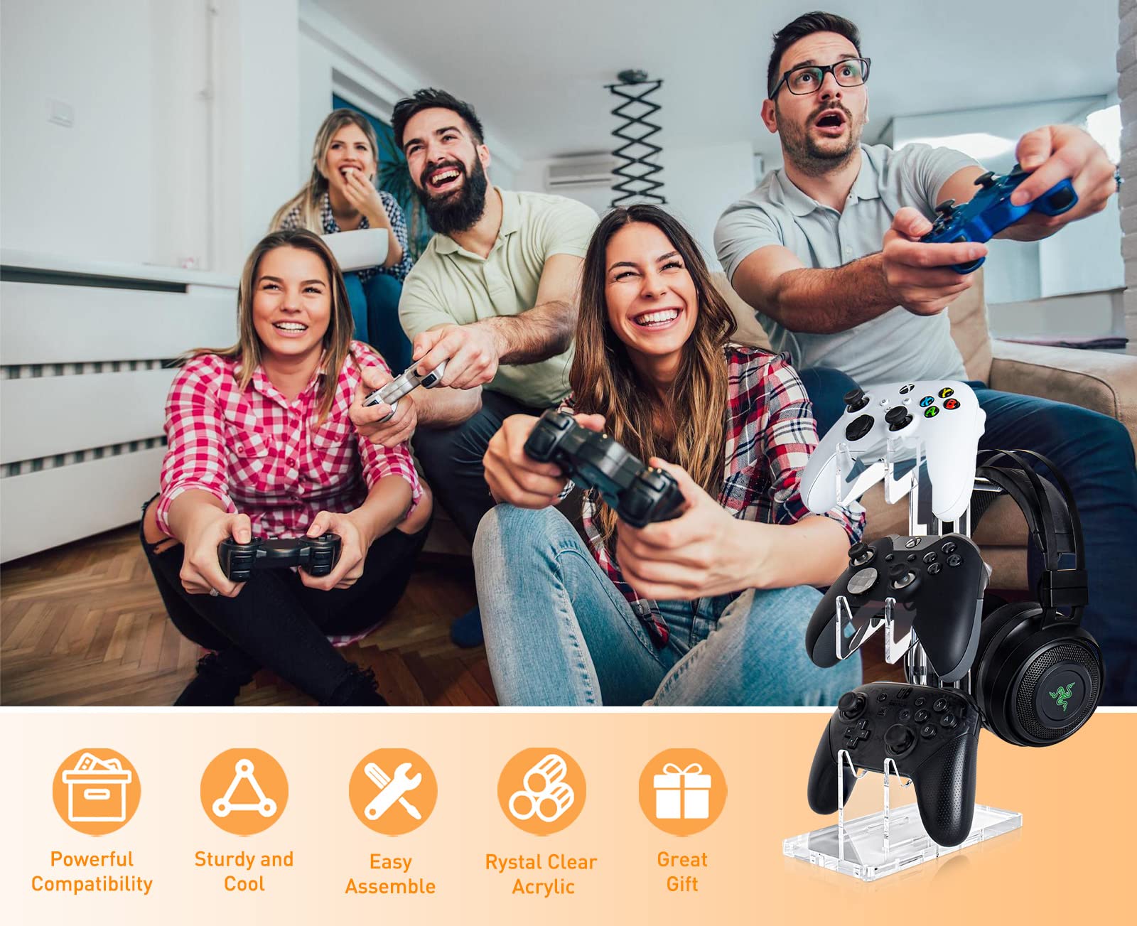 Universal 3-Tier Controller & Headset Stand for XBOX ONE X/SWITCH/PS4/PS5/PC - Multi-Console Gaming Organizer with Clear Design - Perfect for Gaming Setup, Bedroom & Living Room Organization