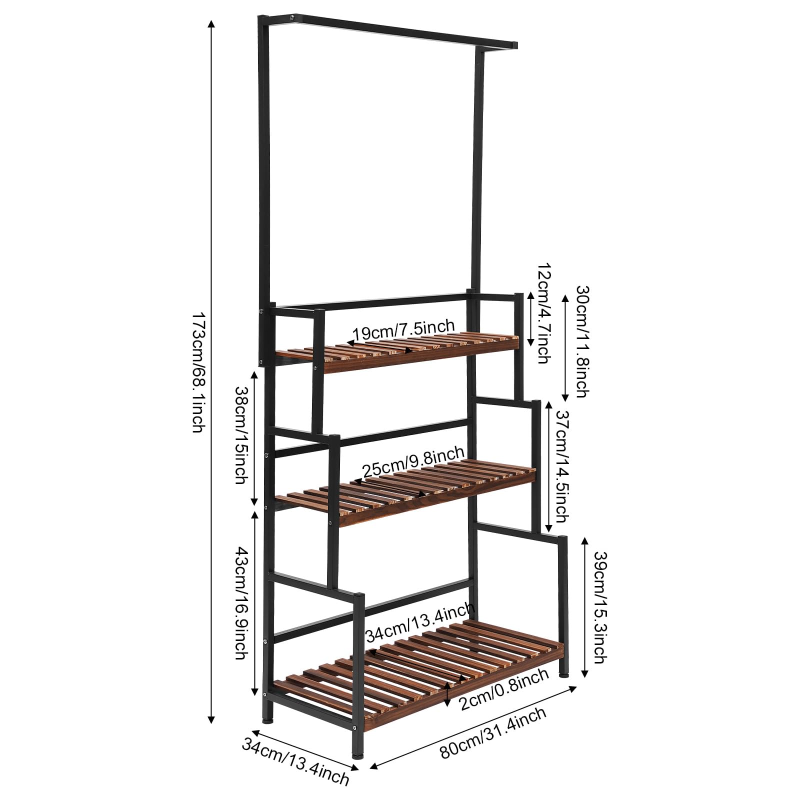 OUKANING 3-Tier Black Metal Hanging Plant Stand - Flower Pot Display Shelf for Indoor & Outdoor Use - 31.4 x 13.4 x 68.1 Inch Storage Rack - Perfect for Living Room, Garden, Patio, Balcony, Lawn Decor