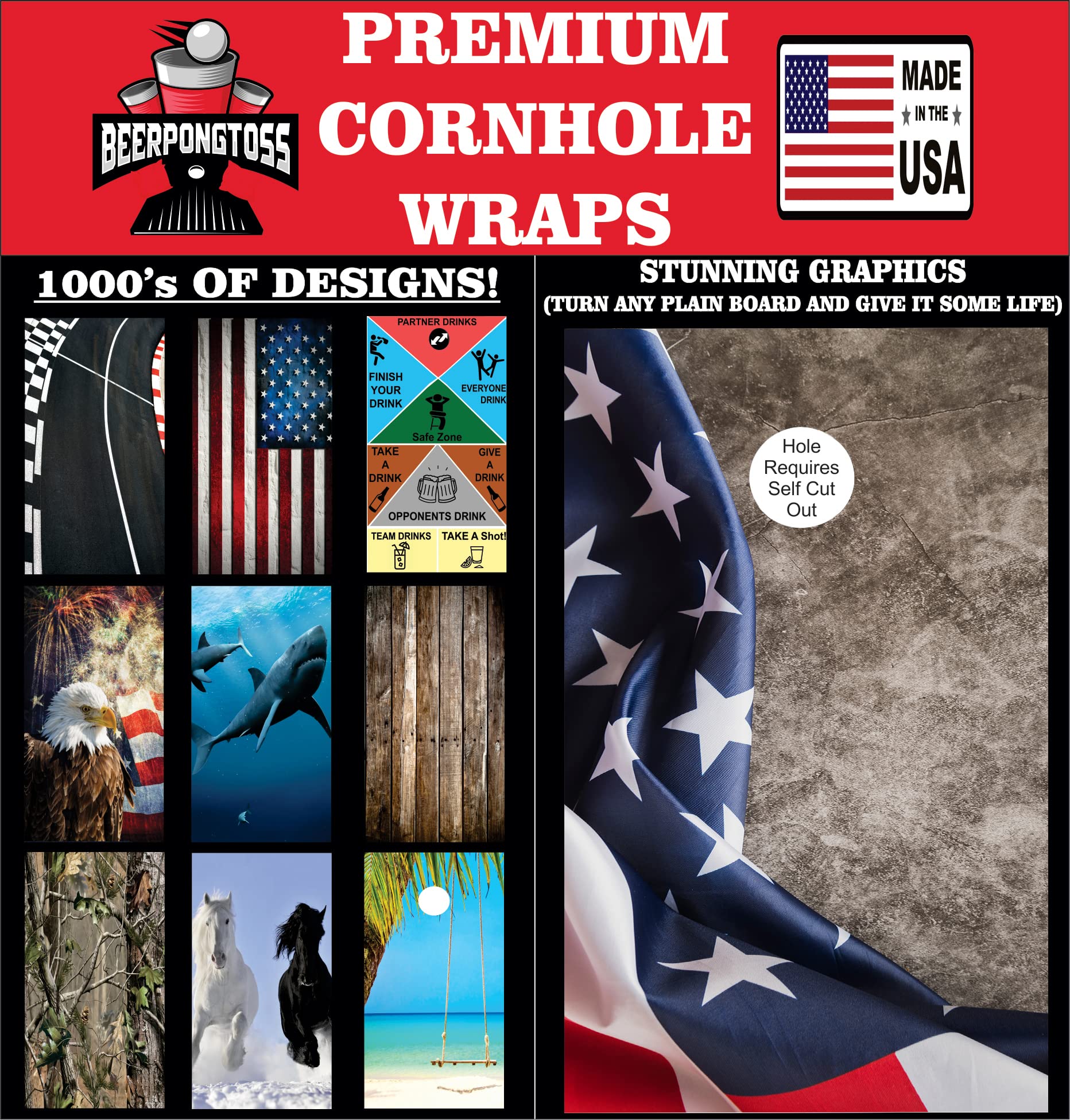 Premium Cornhole Board Wraps Set of 2 - 20+ Custom Designs for Cornhole Decals & Bean Bag Toss Stickers - Waterproof Vinyl Wraps for Outdoor Games, Tailgating, Backyard Parties & Family Gatherings