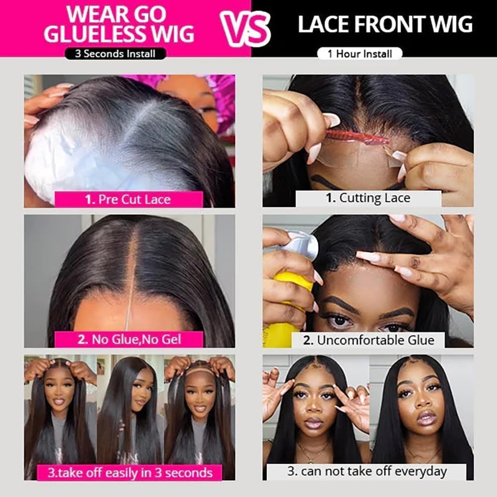 Glueless Human Hair Wig 16 Inches Straight Brazilian Virgin Hair - Pre-Cut HD Lace Wig with Bleached Knots, Natural Black Color for Women | Beginner Friendly No Glue Wig for Daily Wear, Parties & Special Occasions
