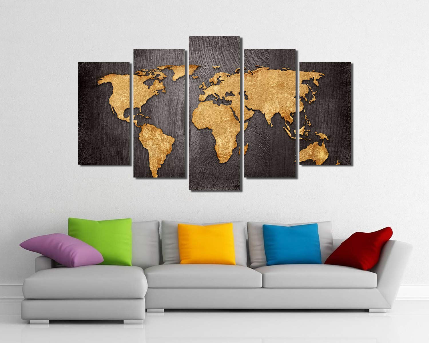 Picture Sensations® Framed Glow in the Dark Canvas Art Print - Wood Texture World Travel Map Wall Decor - Ready to Hang 5-Panel Painting (60
