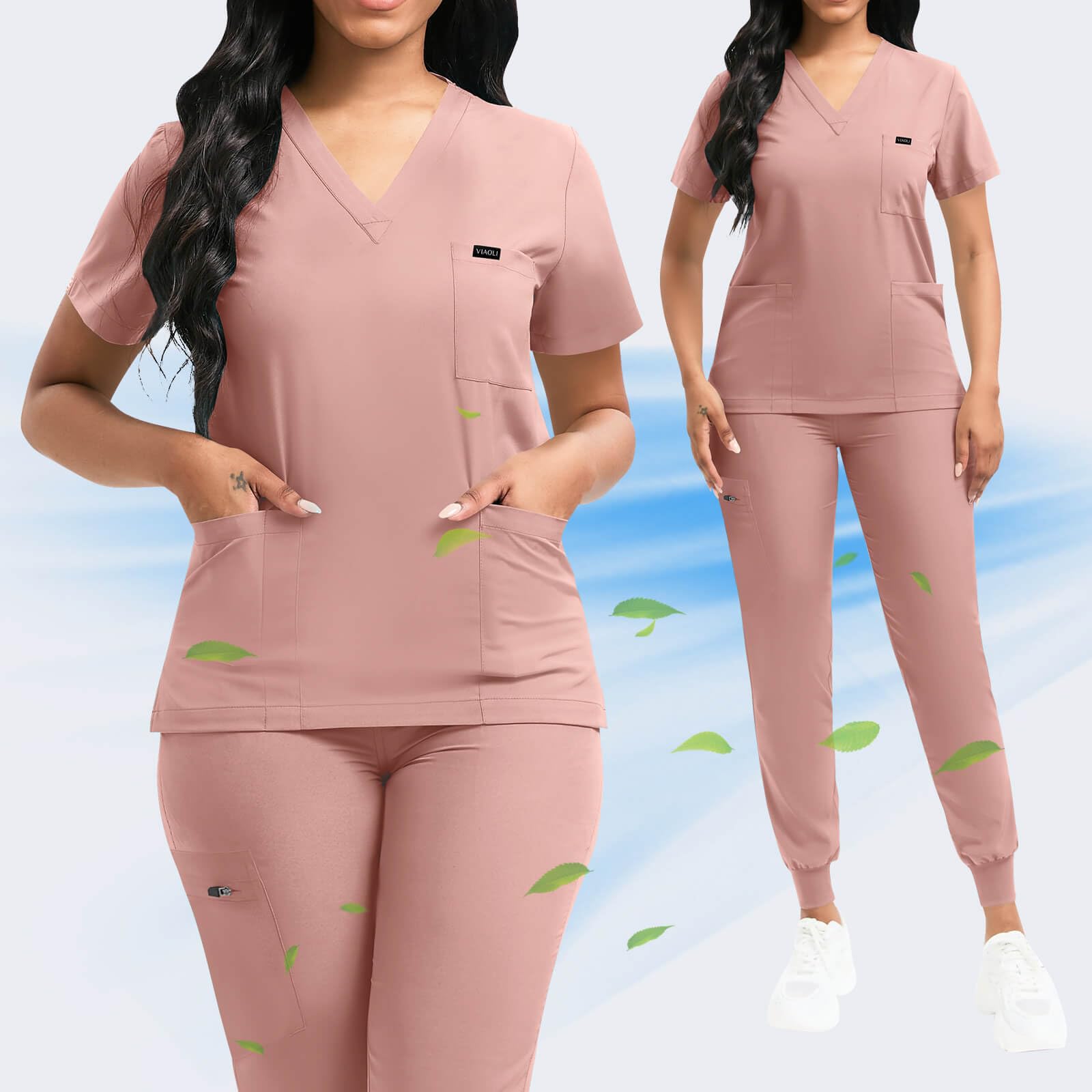 VIAOLI Women's Classic V-Neck Scrub Top & Yoga Jogger Pants Set - Comfortable Medical Nursing Uniform for Healthcare Professionals - Perfect for Hospitals, Clinics and Long Shifts