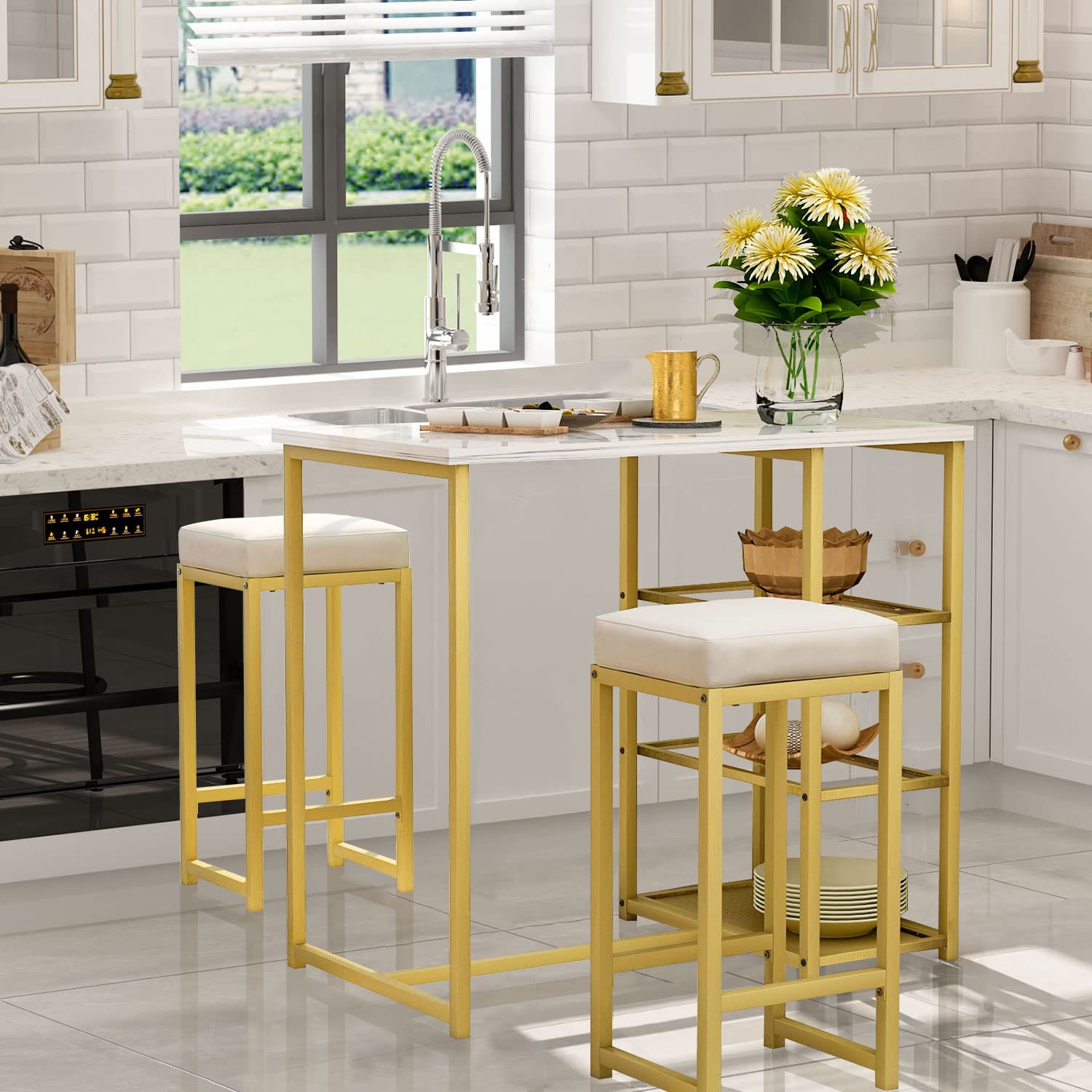 Modern 3-Piece Bar Table Set with 2 PU Stools & Storage Shelves - Counter Height Pub Dining Table for Small Spaces - Perfect for Kitchen, Breakfast Nook & Apartment Entertaining