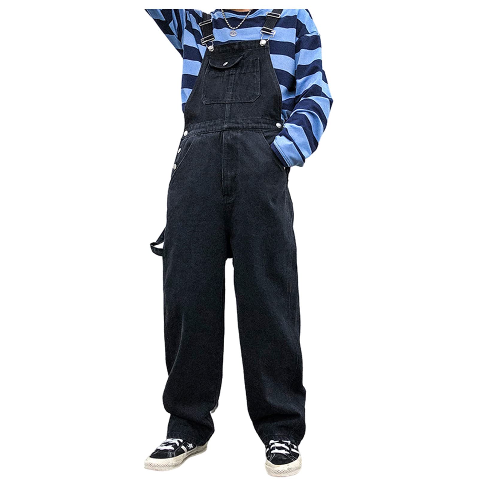 WIITON Men's Denim Bib Overalls - Stone Wash Blue Dungarees with Multiple Pockets for Workwear, Construction, Farming & Outdoor Activities