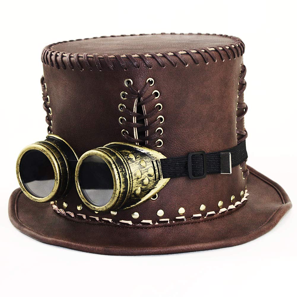 Steampunk Top Hat with Removable Goggles - Premium PU Leather Cosplay Hat for Men & Women | Victorian Costume Accessory for Halloween, LARP, Dance Performances & Themed Parties
