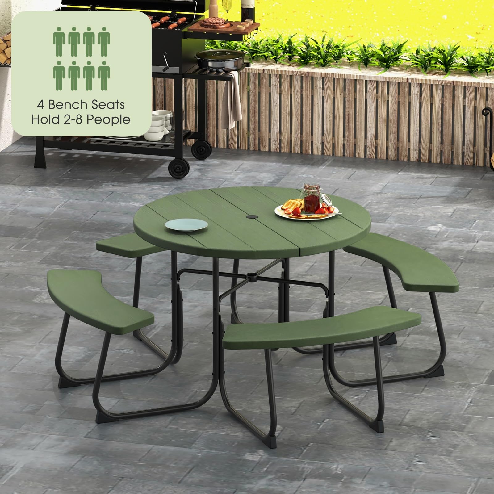 Giantex 8-Person Round Outdoor Picnic Table Set with Umbrella Hole - HDPE Top & Sturdy Metal Frame, 2000LBS Capacity - Patio, Deck, Backyard, Garden Furniture (Green) | Perfect for Family Gatherings, BBQs, and Outdoor Dining
