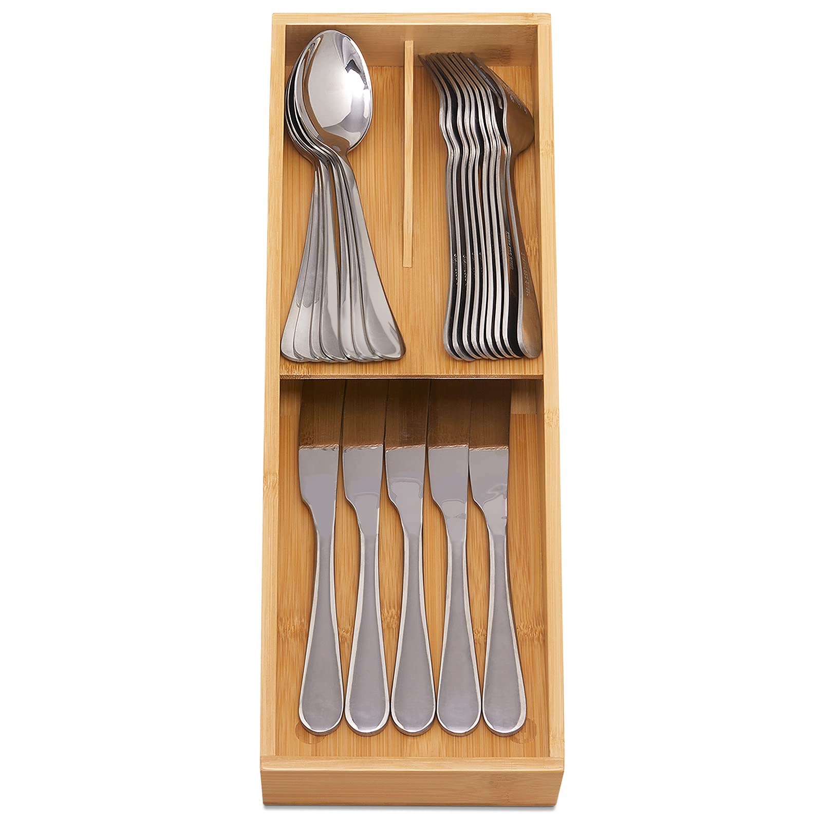 Bamboo Cutlery Organizer for Spoons Forks Knives - Kitchen Drawer Tray