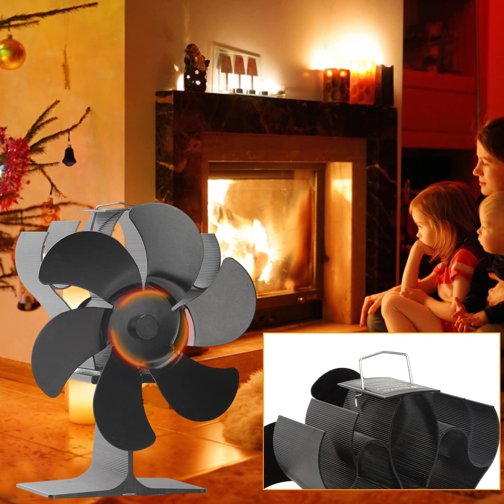 Saterkali 6-Blade Heat Powered Stove Fan - 1400RPM, 120-220CFM, No Batteries Needed, Efficient & Silent Wood Stove Fan for Fireplace, Black - Perfect for Heating Homes, Cabins & Outdoor Spaces