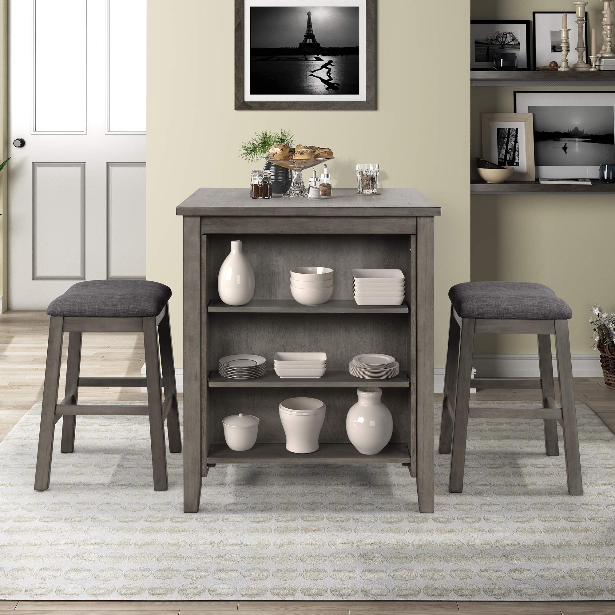 3 Piece Wooden Dining Table Set with 3-Tier Storage Shelf & Padded Stools - Compact Bar Pub Table for Small Spaces, Rustic Farmhouse Counter Height Set, Dark Gray (36