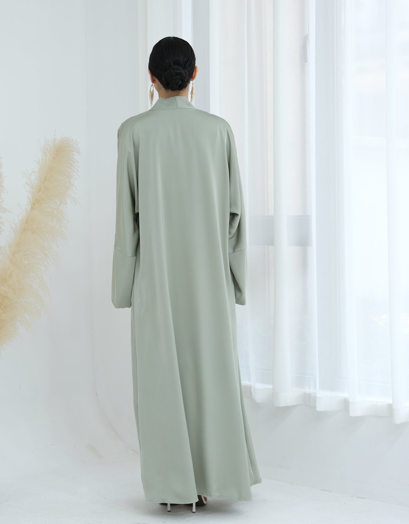 Lavinia Satin Open Abaya for Women - Elegant Long Flowy Prayer Dress - Sage Green Islamic Modest Wear for Mosque, Eid & Special Occasions