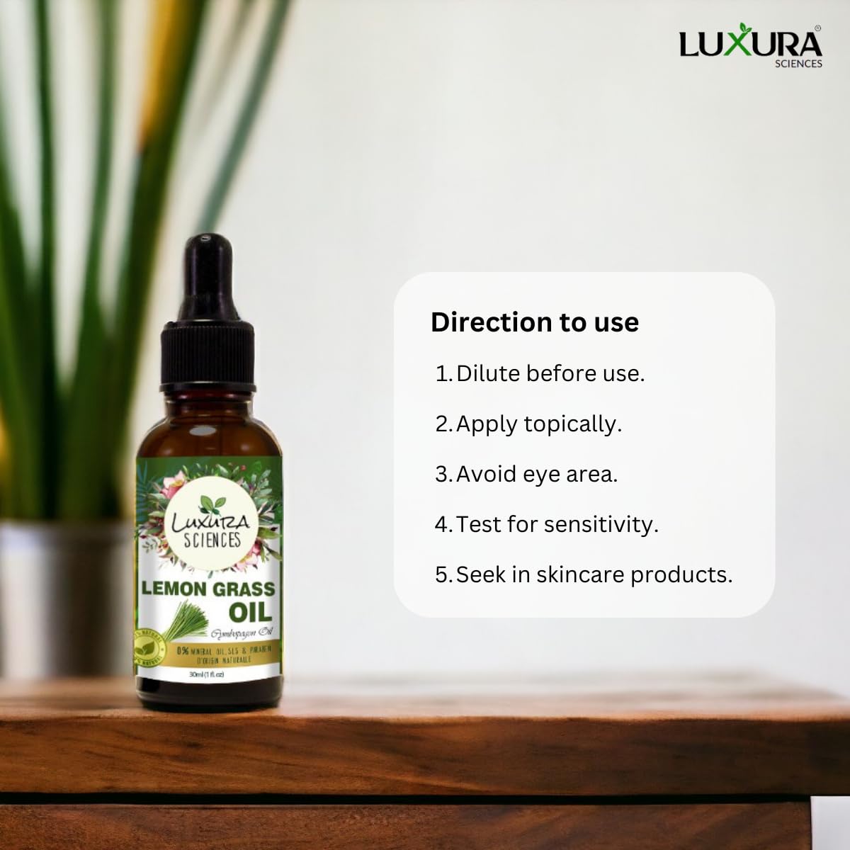 Luxura Sciences 100% Pure Lemongrass Essential Oil 30ml - Steam Distilled, Therapeutic Grade for Aromatherapy, Skin & Hair Care - Natural Home Freshener with Dropper - Perfect for Diffusers, Massage & DIY Beauty Products