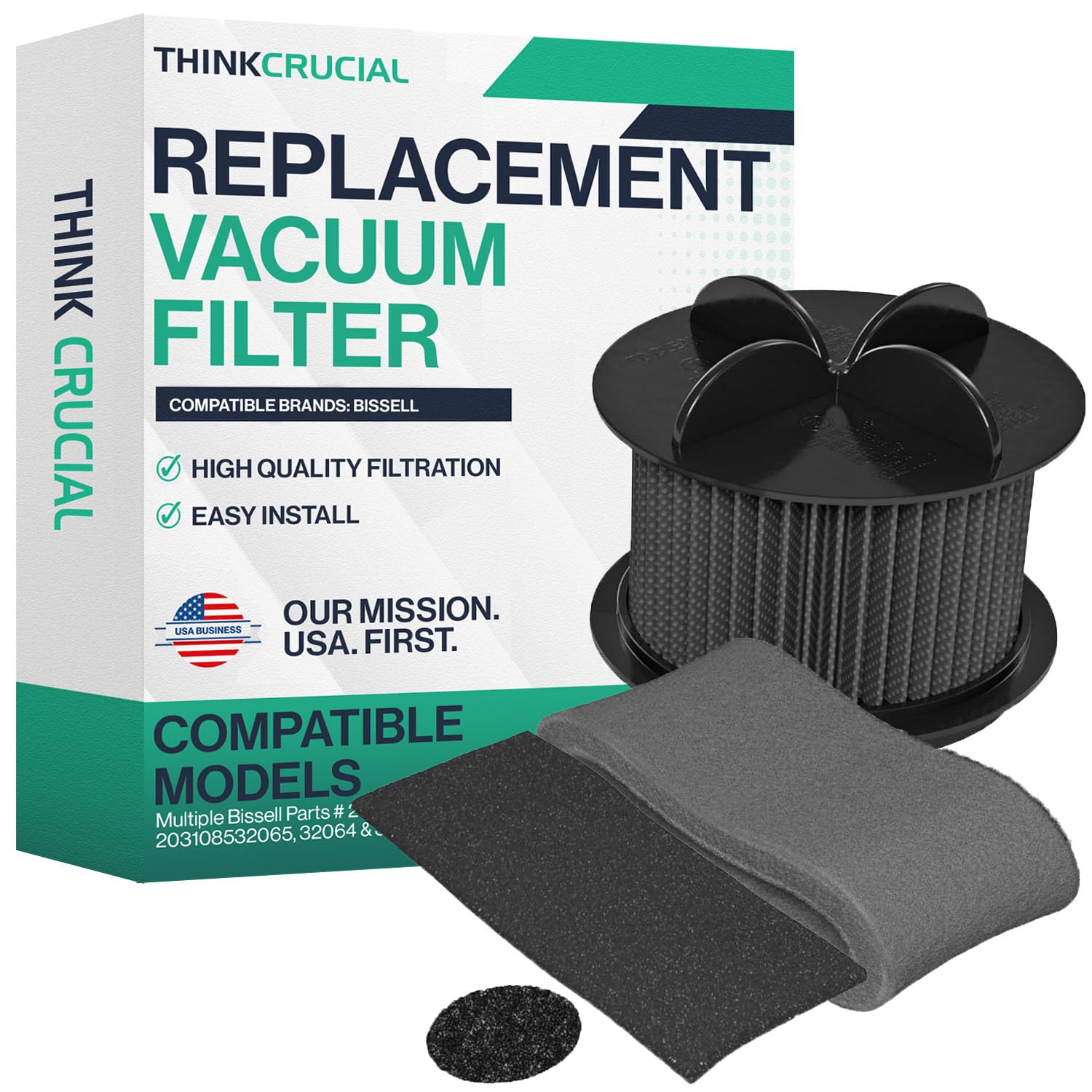 Think Crucial Round Washable Replacement Vacuum Filter - Compatible with Bissell Models 2031183, 2031085ES, 203108532065, 32064 & 32065 - Includes Vacuum Filter + Cleaning Kit - Perfect for Pet Hair, Allergies & Deep Cleaning Carpets