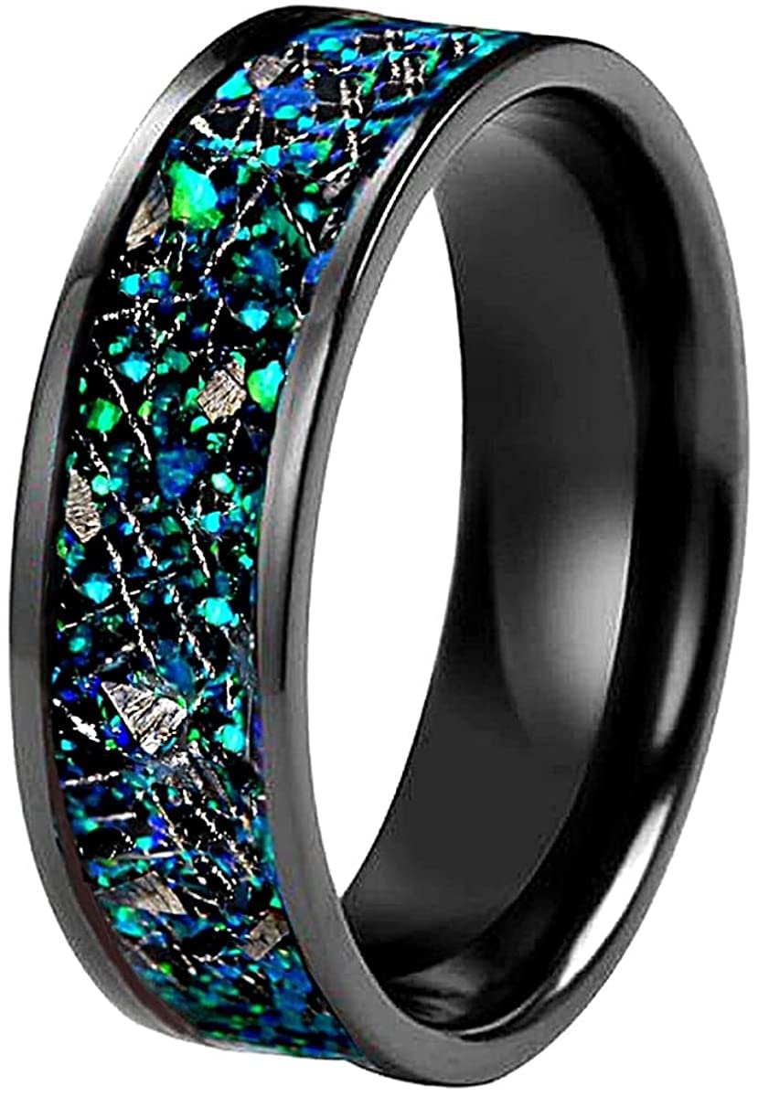 Unisex Black Opal Ring with Genuine Meteorite Inlay - Fire Opal Wedding Band for Men & Women - Blue Opal Jewelry for Everyday Wear & Special Occasions