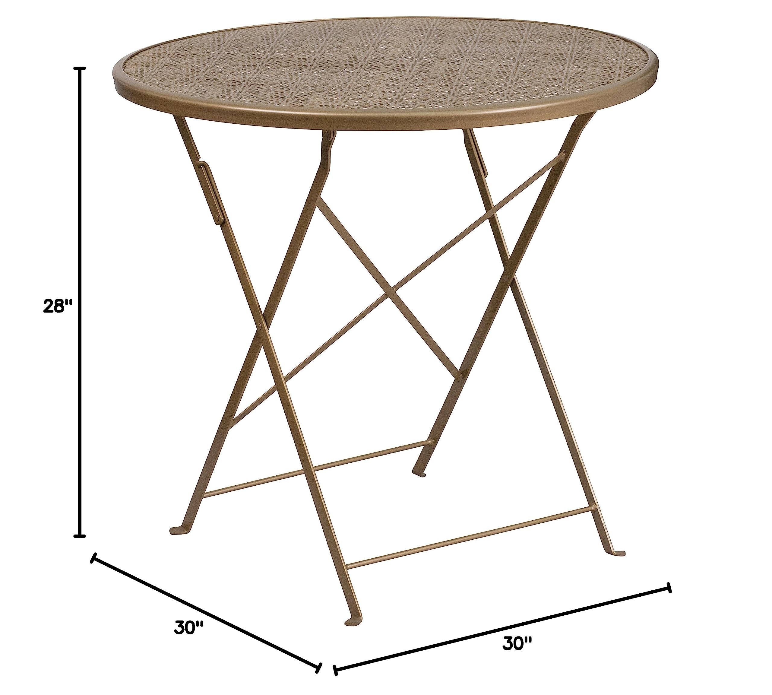 EMMA + OLIVER 30 Inch Round Gold Folding Patio Table - Heavy Duty Steel, Indoor & Outdoor Use - Perfect for Dining, BBQs, and Poolside Gatherings