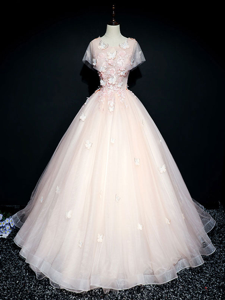 Elegant Pink Round Neck Tulle Lace Long Prom Dress for Women - Formal Evening Gown for Homecoming, Wedding, Ball & Special Occasions