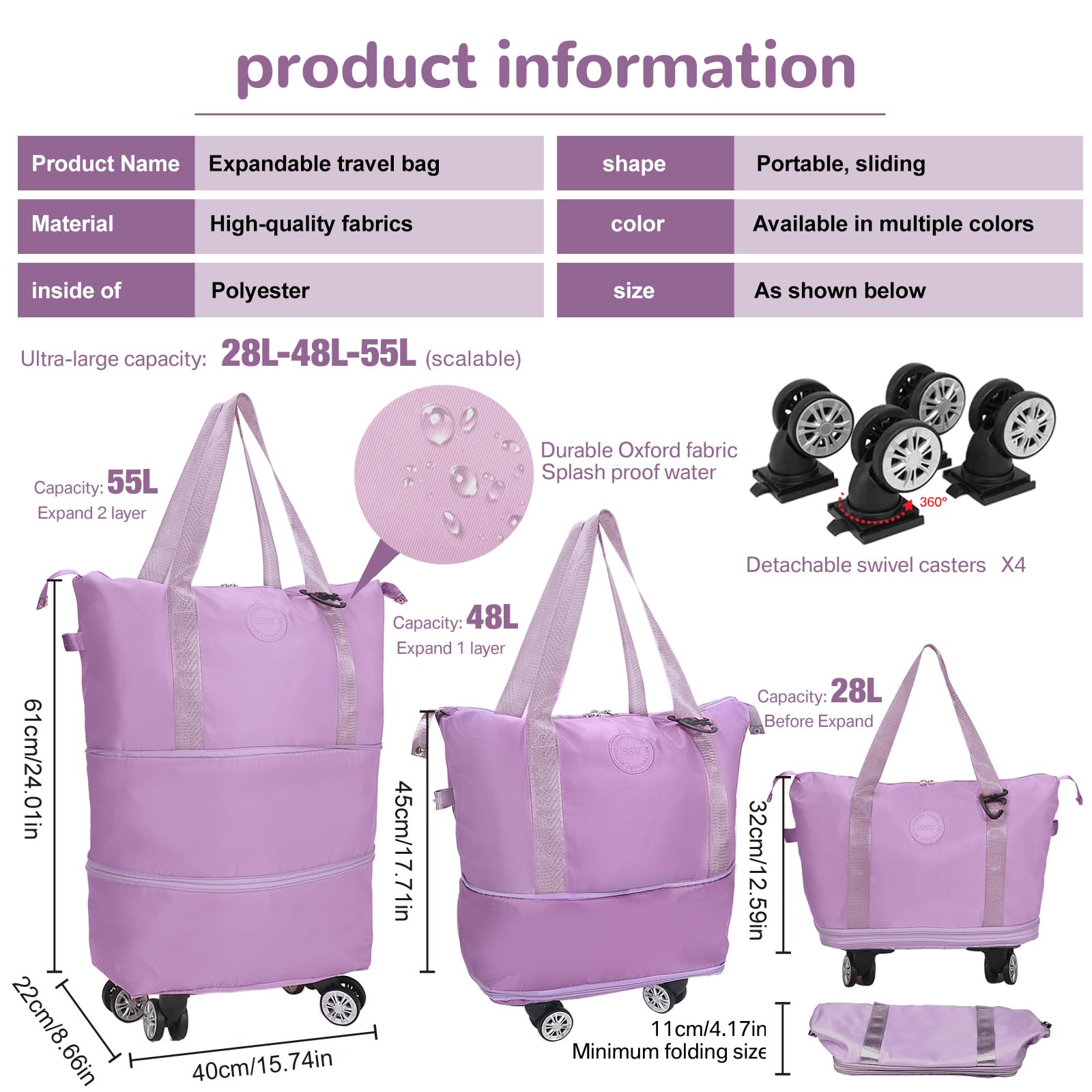 Rolling Duffle Bag with Wheels - Expandable Foldable Luggage Carry-On for Travel & Weekend Trips | Large Durable Duffel Bag for Airplane, Gym, Sports & Outdoor Adventures