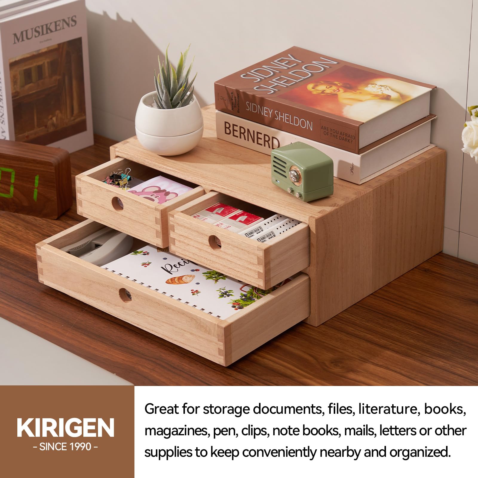 Kirigen Natural Wooden Desktop Organizer with 3 Drawers - 2-Layer Office Supplies & Jewelry Storage Shelf - Perfect for Home Office, Desk Organization, and Small Item Storage (NA, 2-Layer & 3 Drawers)