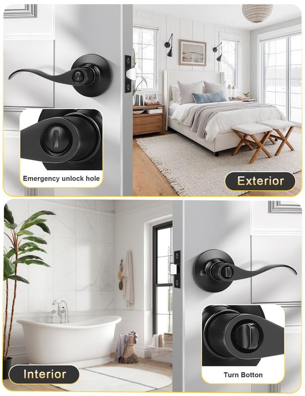 Mengico 5 Pack Black Interior Door Lock Set - Reversible Wave Lever Handles for Bedroom, Bathroom & Privacy Doors | Durable & Stylish Home Hardware Upgrade