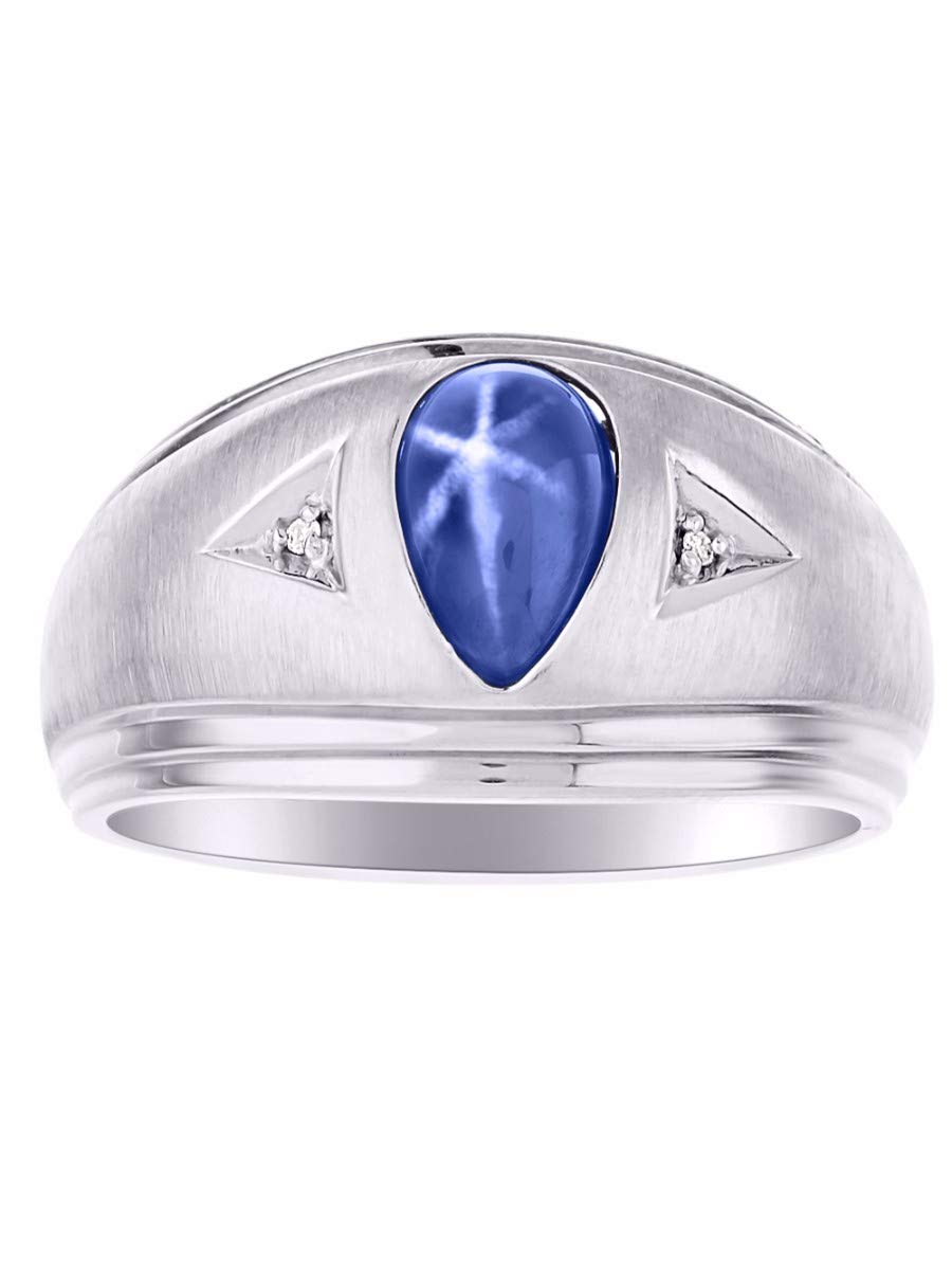 RYLOS Sterling Silver Men's Ring with Pear-Shaped Tear Drop Cabochon Gemstone & Diamonds - Blue Star Sapphire Ring for Men (Sizes 8-13) | Elegant Jewelry for Weddings, Anniversaries & Special Occasions