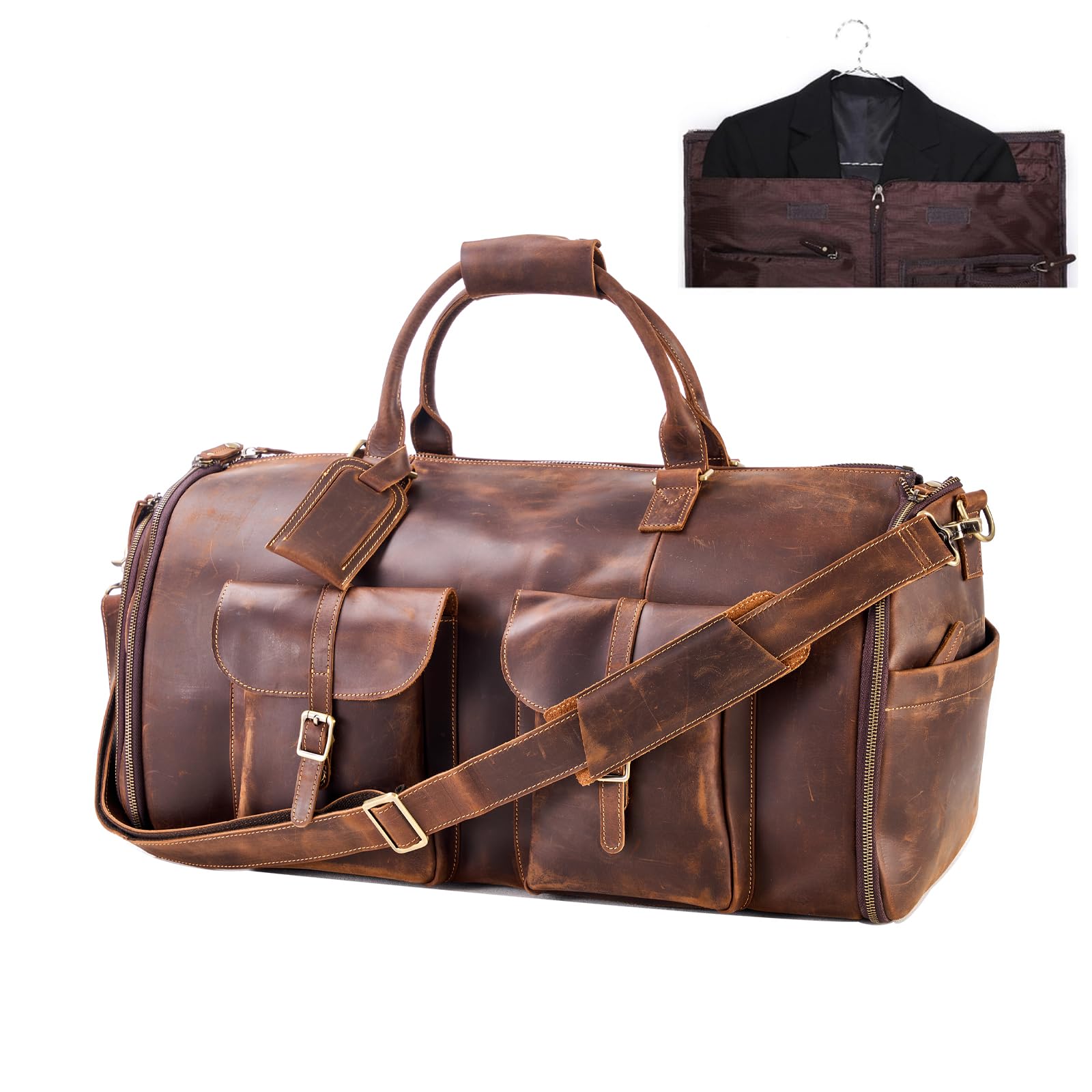 Premium Full Grain Leather Convertible Garment Bag with Shoe Compartment - Duffle Carry On Weekender for Men & Women - Business Travel Suitcase with Hanging Function (Dark Brown) - Perfect for Business Trips, Weekend Getaways & Airplane Travel