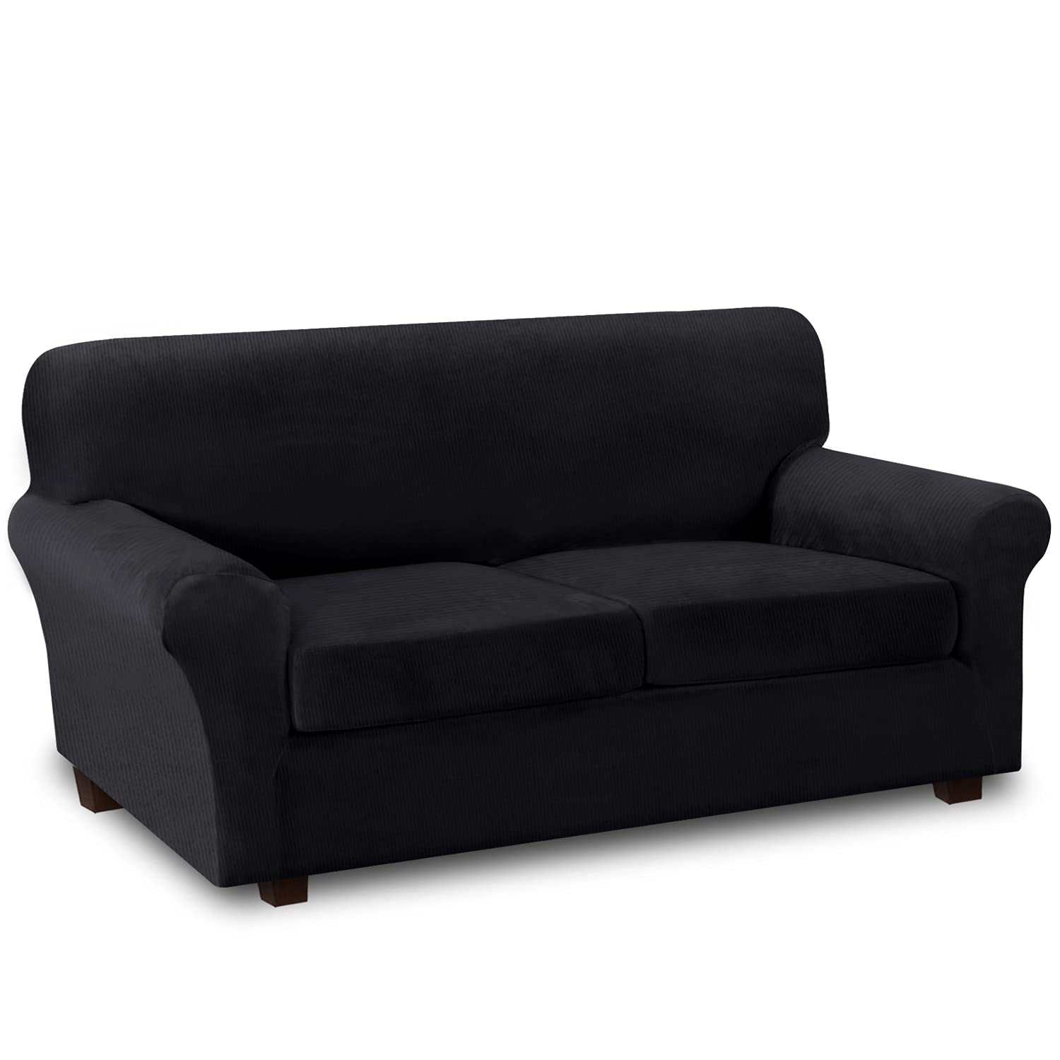 Premium Thick Striped Velvet 3-Piece Stretch Sofa Cover Set - Soft Stay-in-Place Couch Slipcovers for 2-Cushion Sofas (72