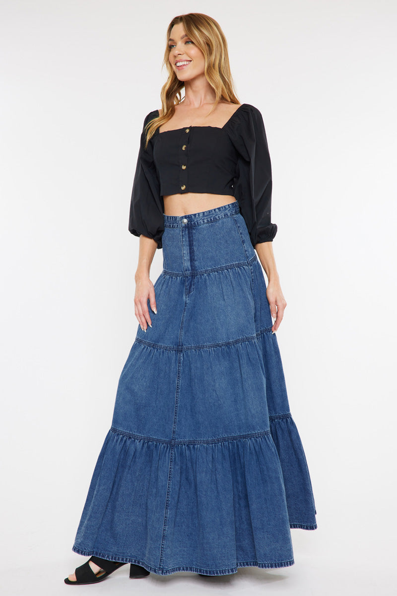 Thalia Maxi Denim Skirt for Women - High Waisted A-Line Long Denim Skirt - Vintage Blue Jeans Skirt for Casual Outfits & Summer Fashion