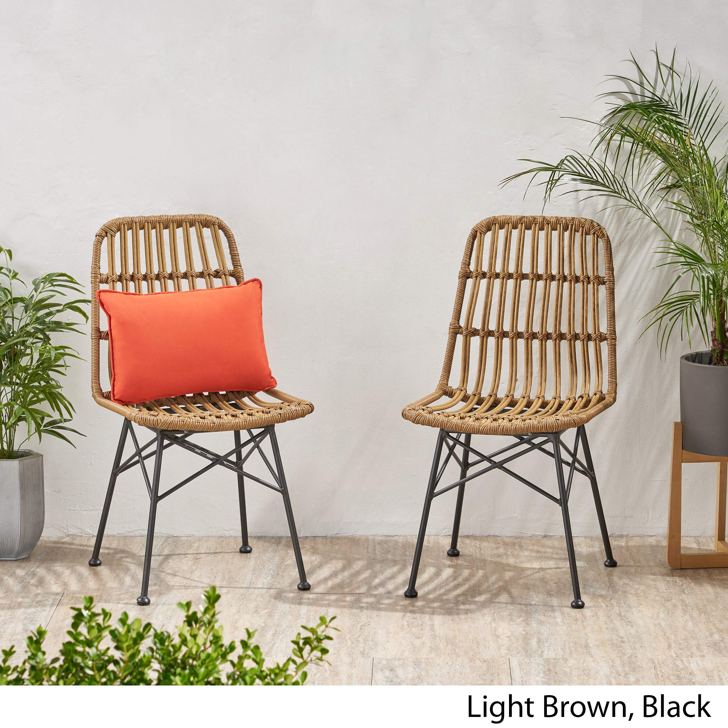 GDFStudio Outdoor Wicker Dining Chairs Set of 2 - Light Brown & Black Patio Furniture - Perfect for Backyard, Garden, and Poolside Dining