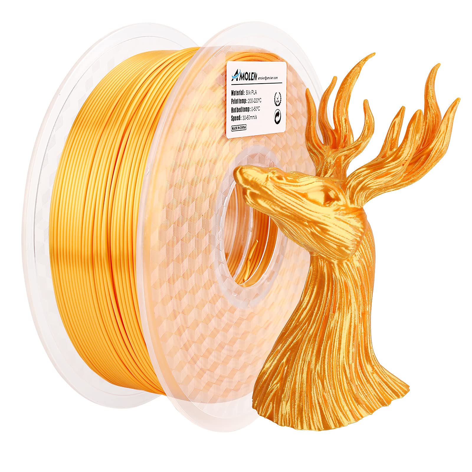 AMOLEN Silk Gold PLA 3D Printer Filament 1.75mm, High Precision +/-0.03mm, 1kg/2.2lb Spool - Perfect for Cosplay Props, Jewelry Making, and Home Decor 3D Printing Projects