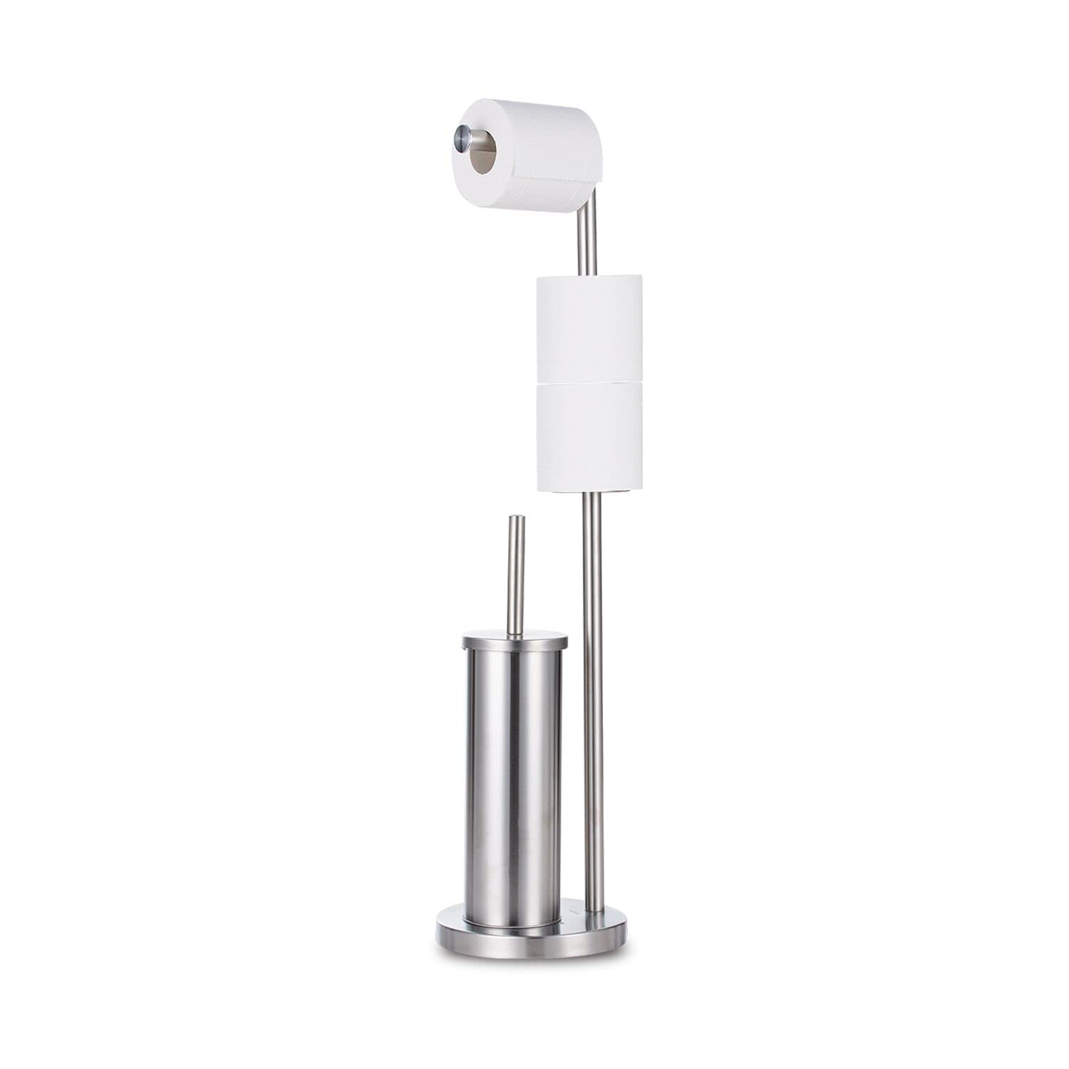 Nuovoo Freestanding Toilet Paper Holder Stand with Toilet Brush Holder - Chrome Bathroom Tissue Storage Organizer & Dispenser - Perfect for Small Bathrooms, Powder Rooms, and RVs