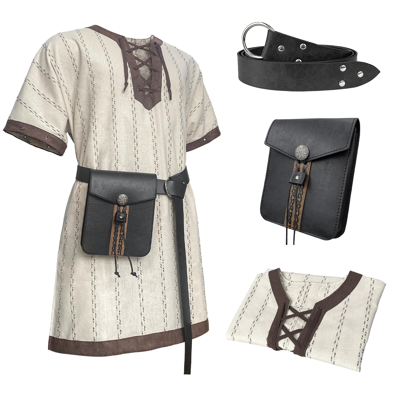 Medieval Stripe Loose Tunic Top with Vintage Belt & Bag - Renaissance Knight Lace-Up Shirt for Viking Pirate Costume | Historical Reenactment, LARP, Cosplay & Halloween Costume